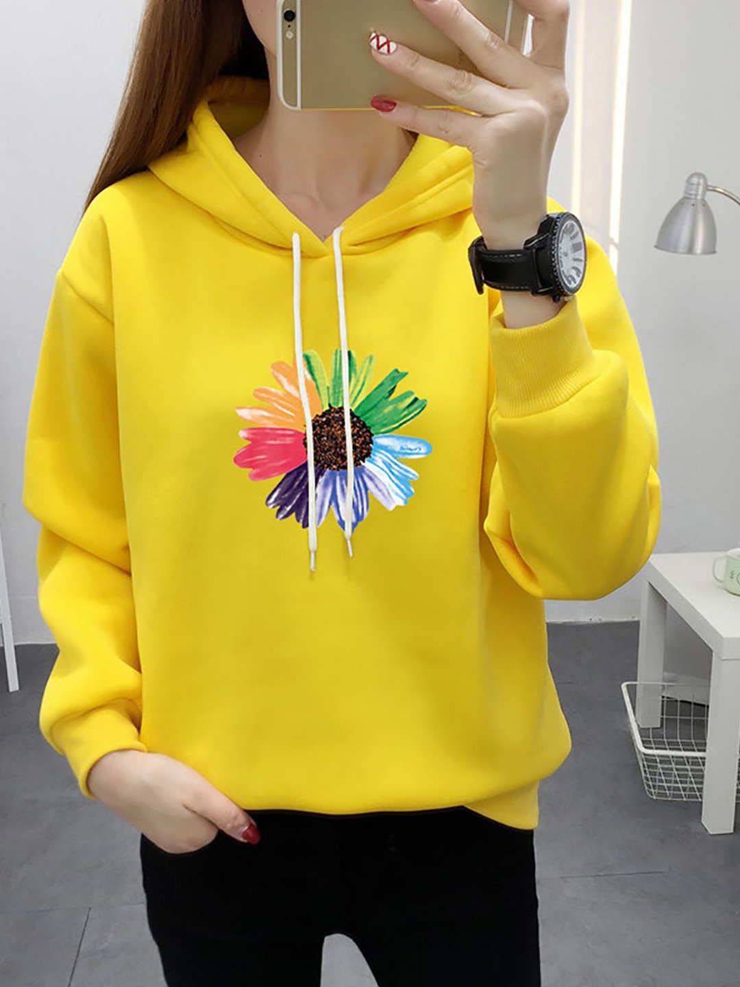 

StyleCast x Revolte Women Printed Cotton Hooded Sweatshirt, Yellow