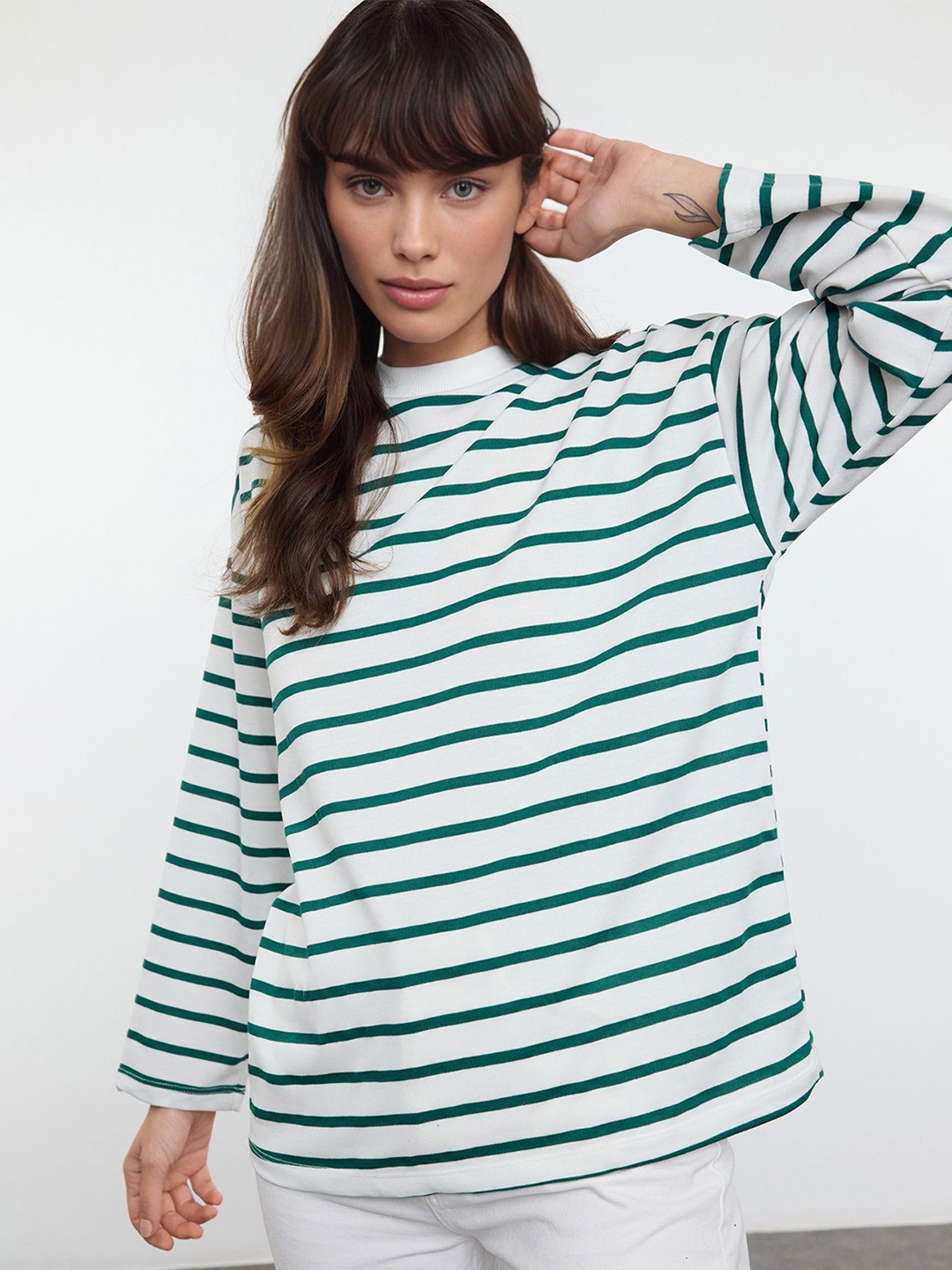 

Trendyol Women Striped Round Neck Sweatshirt, White