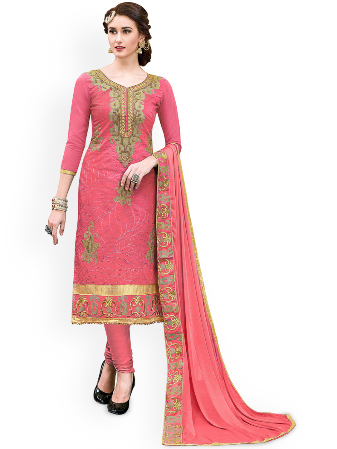 

HERE&NOW Ethnic Motifs Embroidered Unstitched Dress Material, Peach
