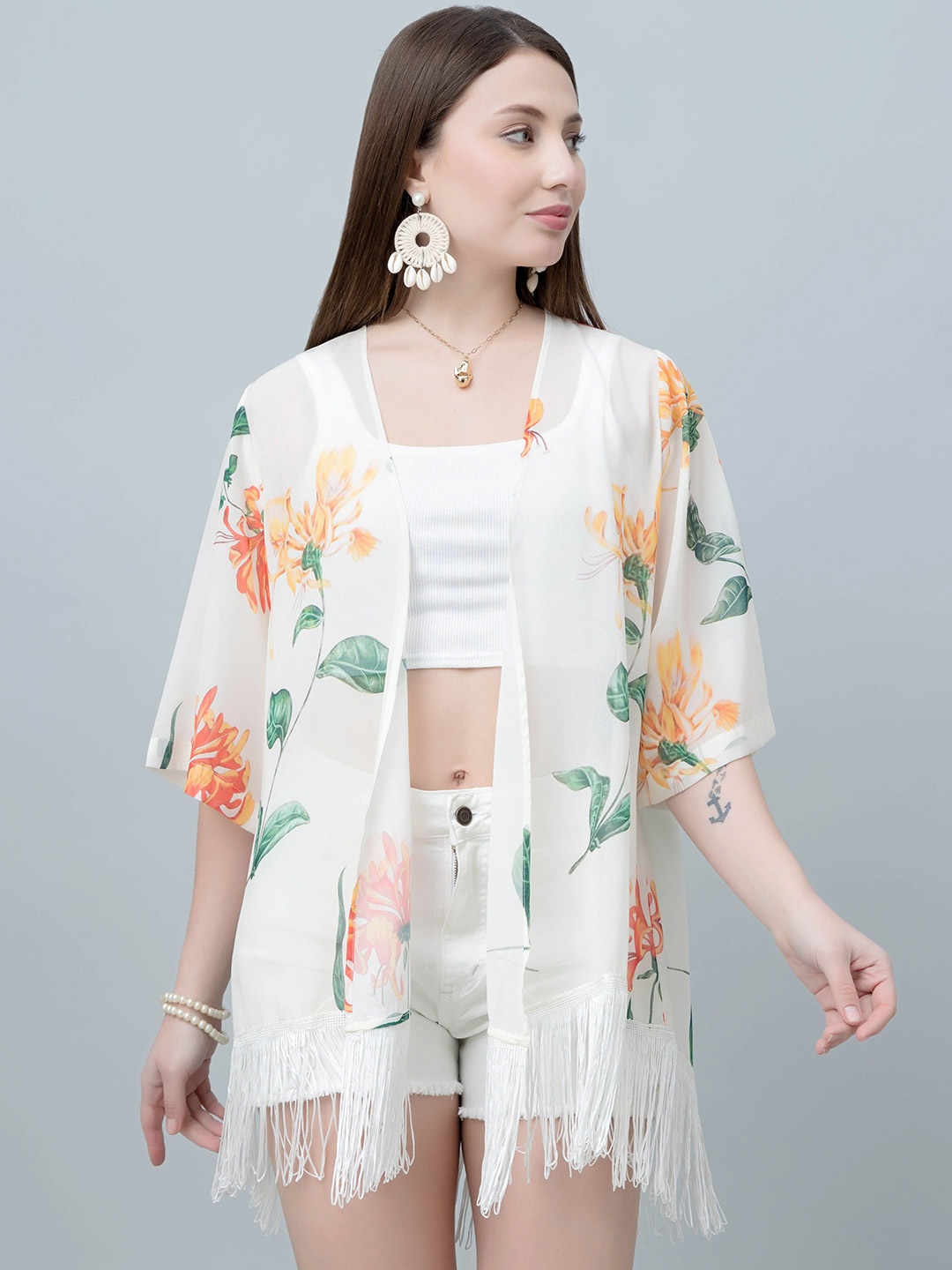 

PURYS Women Floral Printed Tasselled Longline Shrug, White