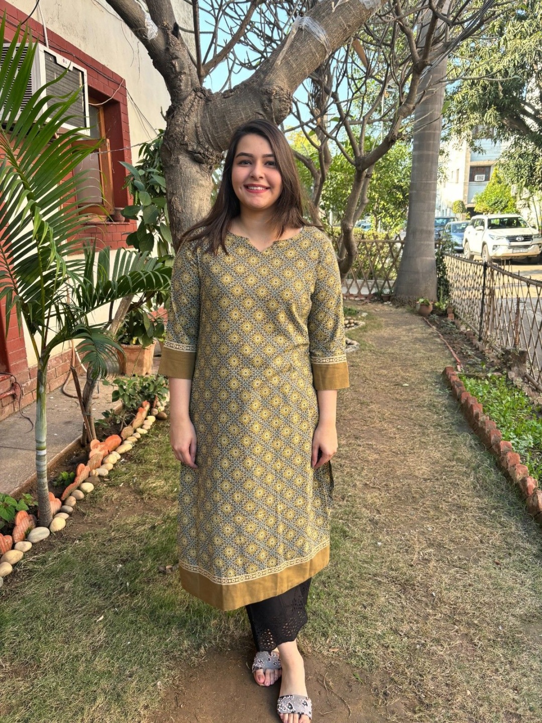 

Sanskritam Ethnic Motifs Printed Cotton Straight Block Print Kurta, Green
