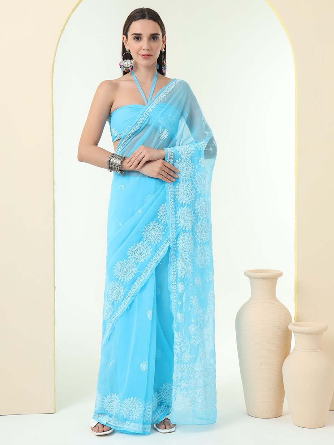 

Z HOME Floral Embroidered Chikankari Pure Chiffon Saree, Blue