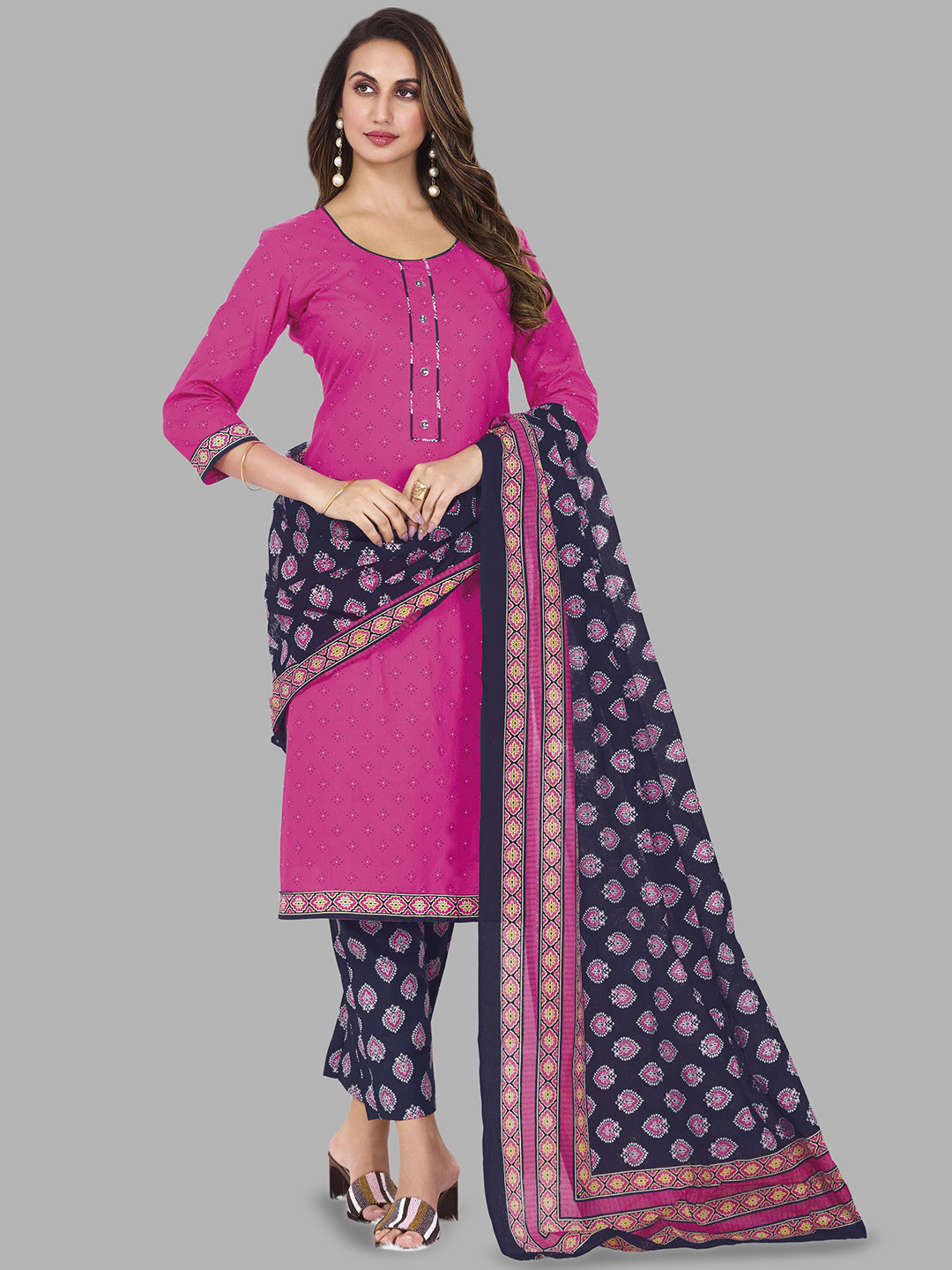 

Simmu Women Printed Regular Pure Cotton Kurta with Churidar & With Dupatta, Blue