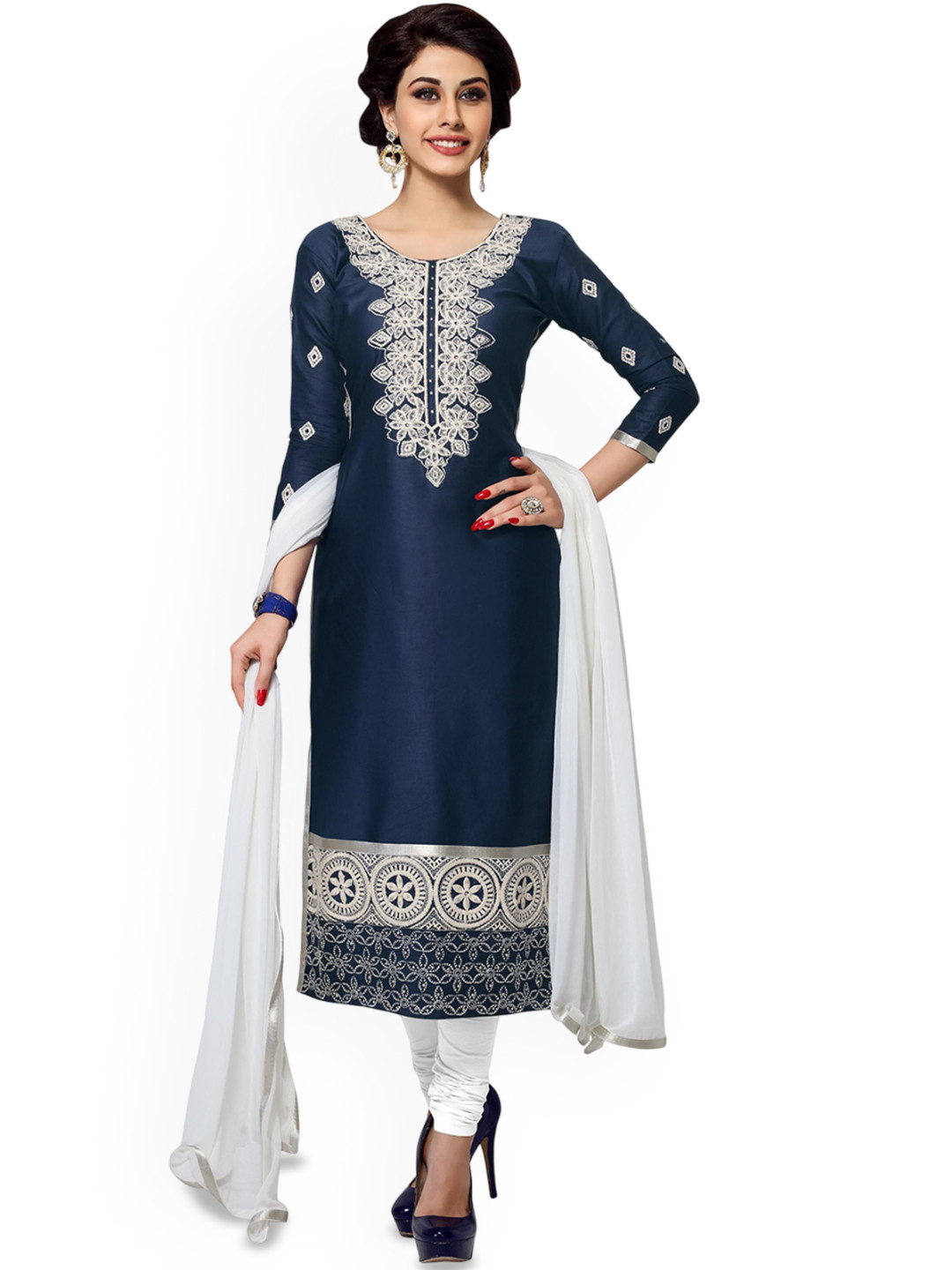 

HERE&NOW Floral Embroidered Unstitched Dress Material, Blue