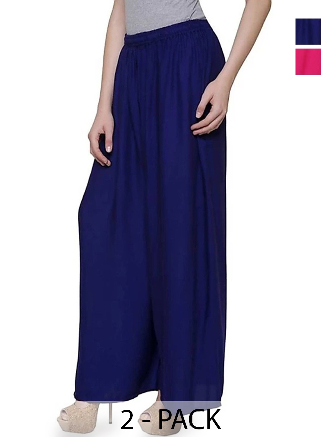 

FAMBEE Women Pack Of 2 Flared Knitted Palazzos, Blue