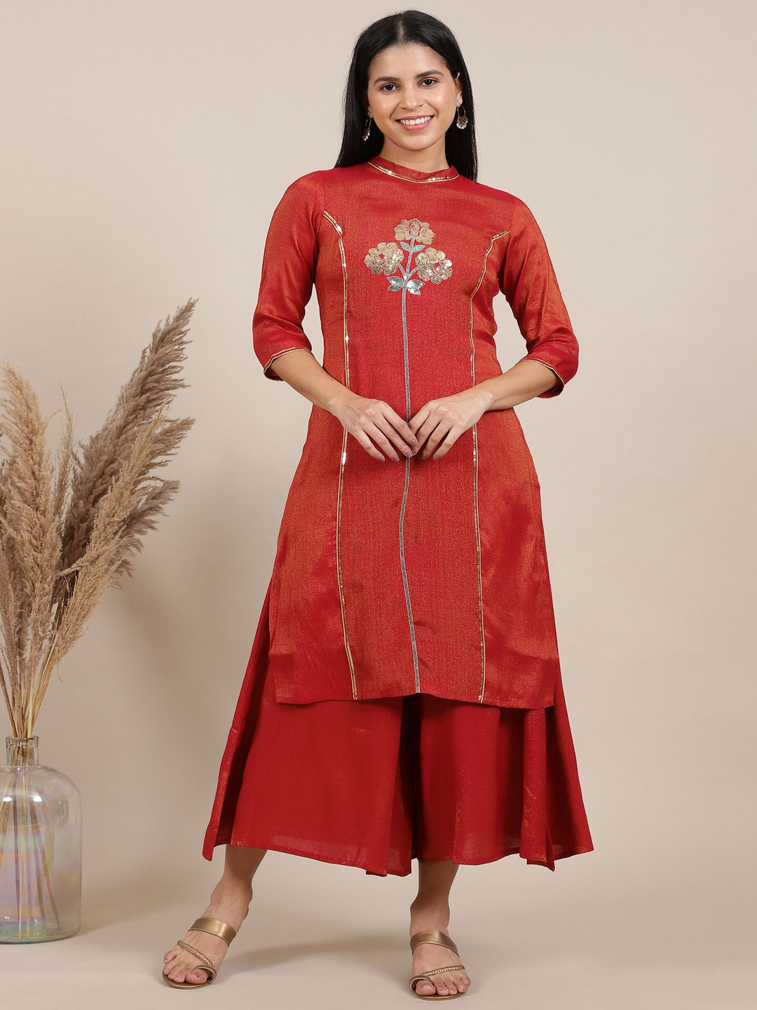 

AURELIA Sequined Embroidered Round Neck Kurta with Palazzos, Red