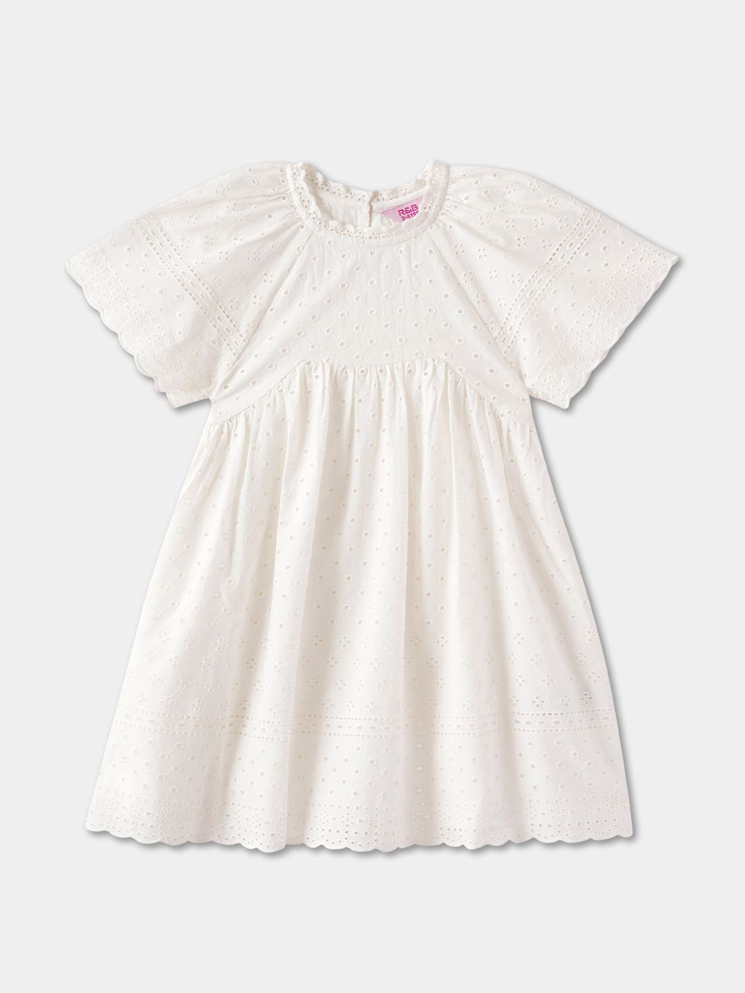 

R&B Girls Cotton Self Design Schiffli A-Line Dress, White
