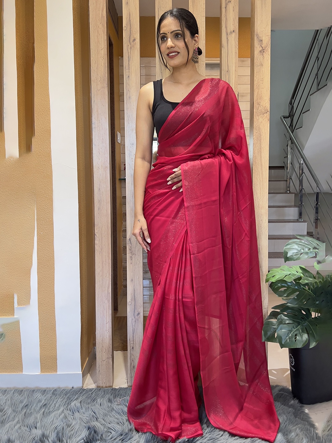 

ZIBLON Striped Ready to Wear Saree, Pink