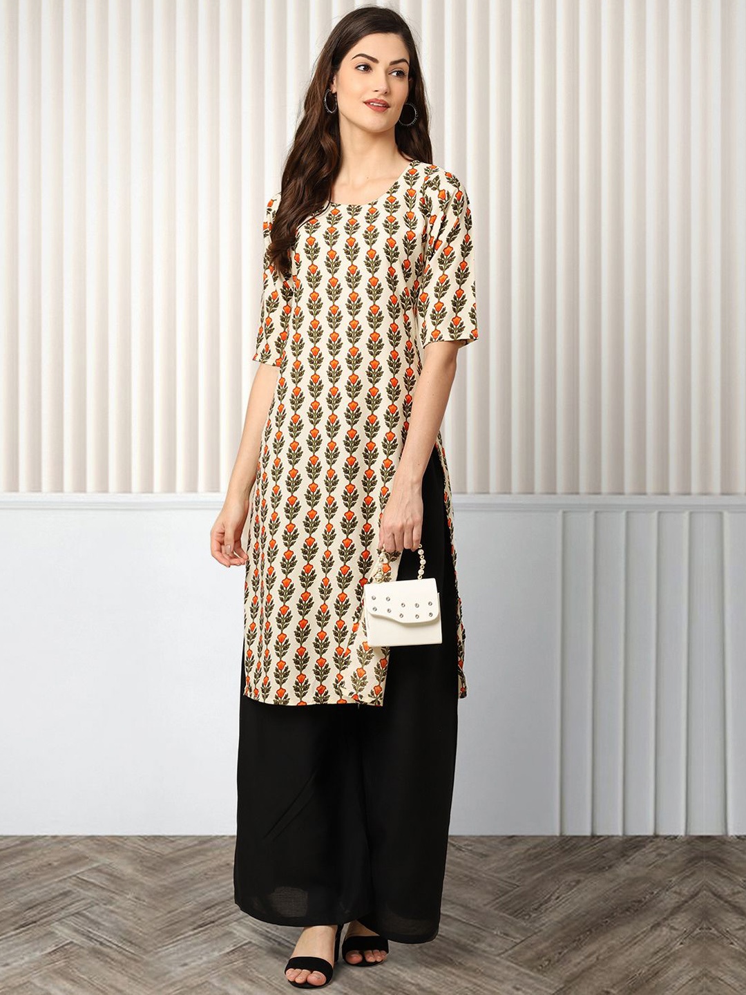 

Moda Rapido Floral Printed Round Neck Straight Kurta, Cream