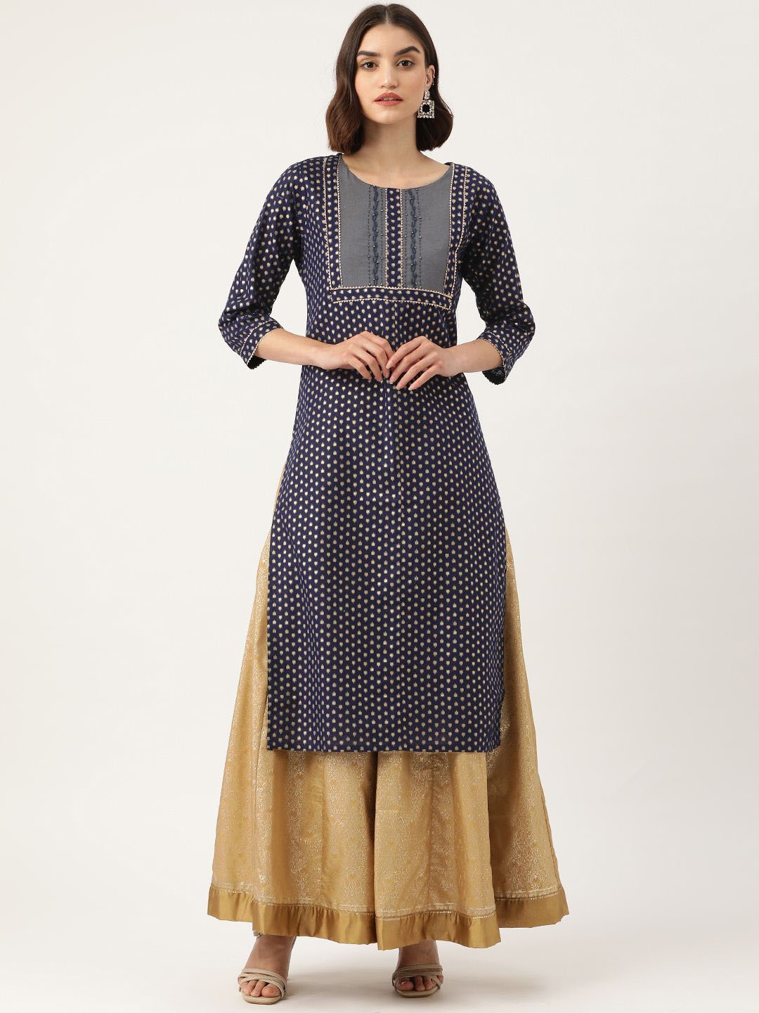 

INDYES Ethnic Motifs Woven Yoke Design Round Neck Straight Pure Cotton Kurta, Navy blue