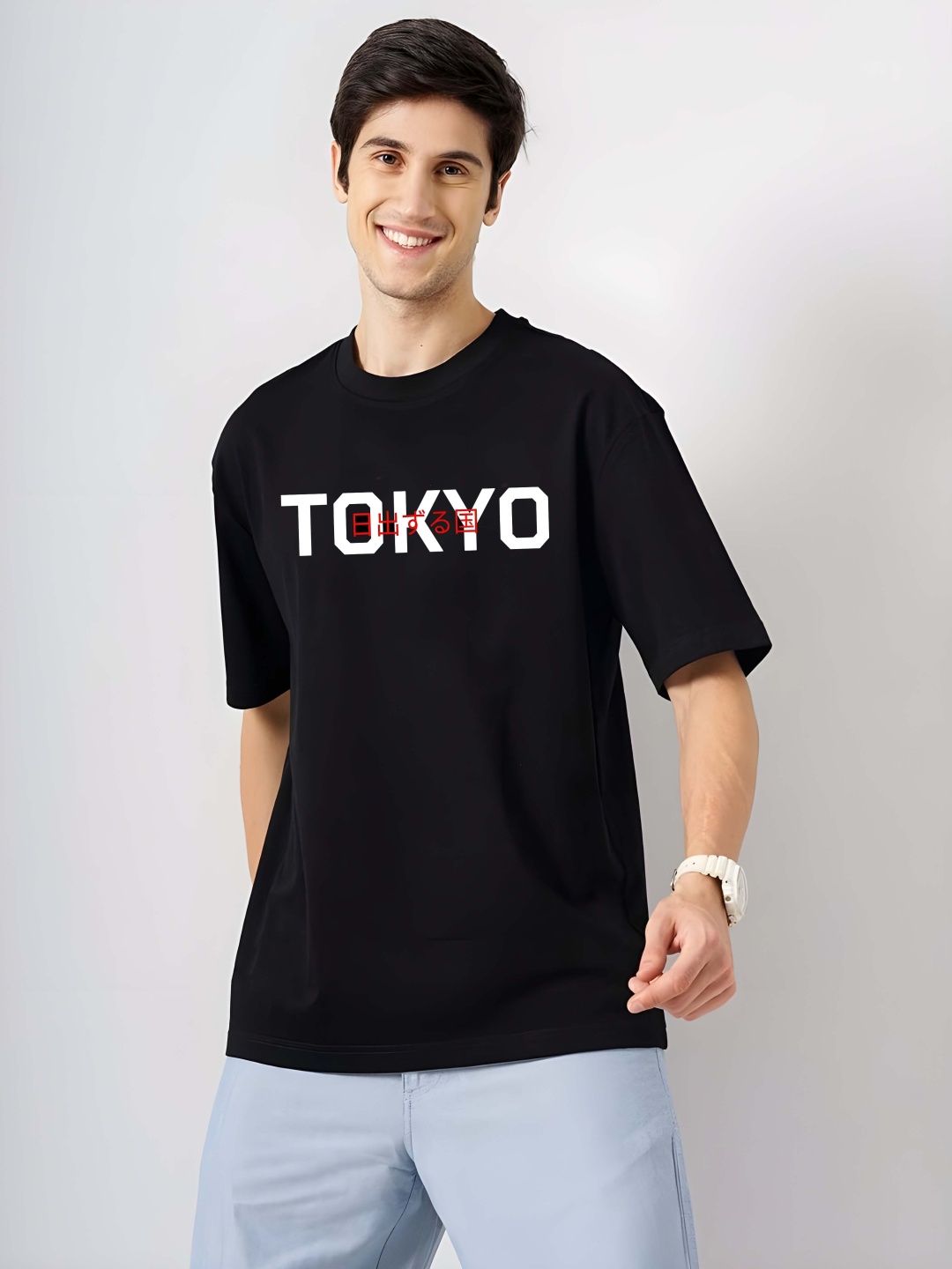 

BOWLIFESTYLE Men Typography Printed Round Neck Cotton Oversized T-shirt, Black