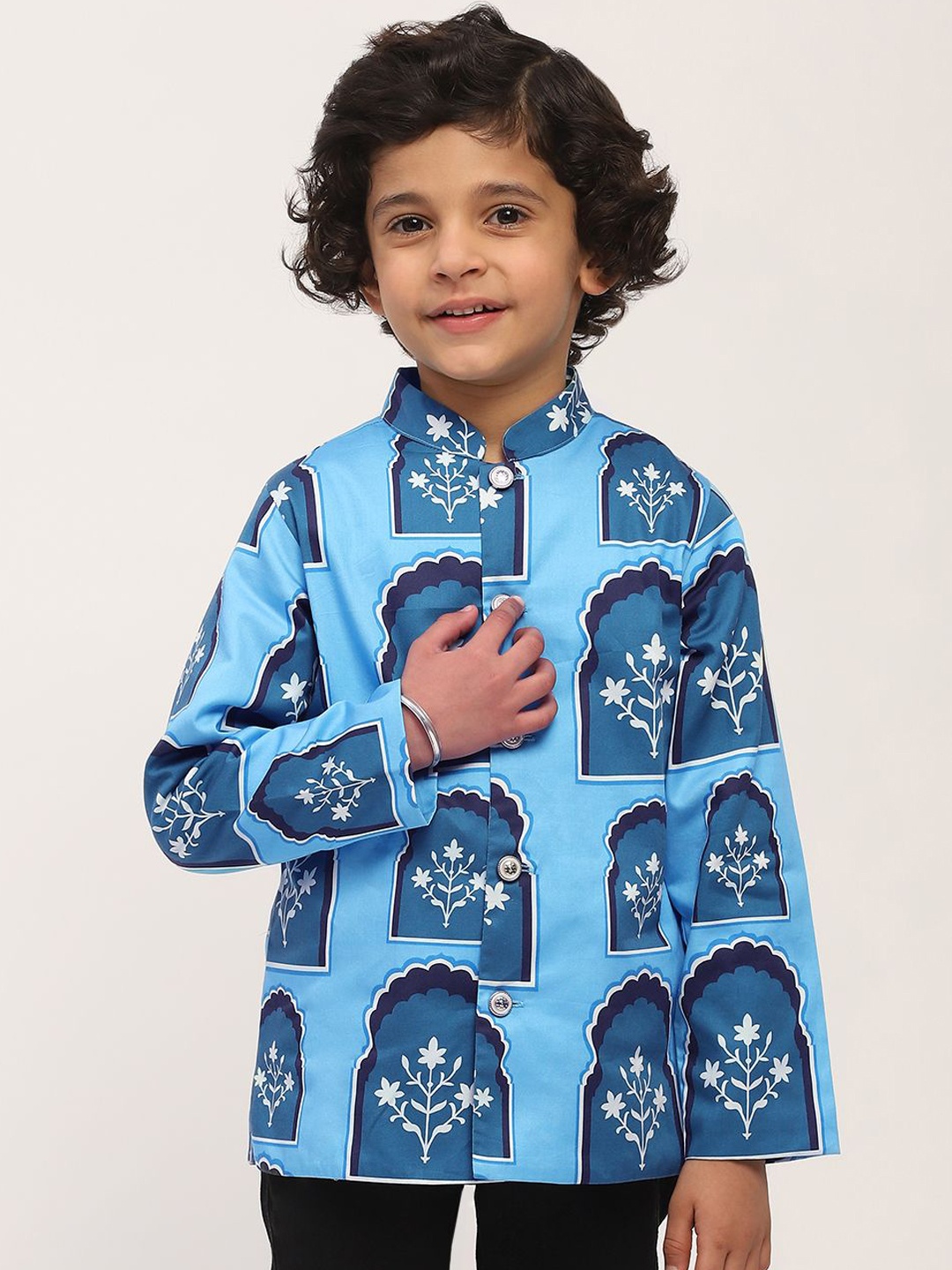 

SPUNKIES Boys Mandarin Collar Floral Printed Cotton Ethnic Tailored Jacket, Blue