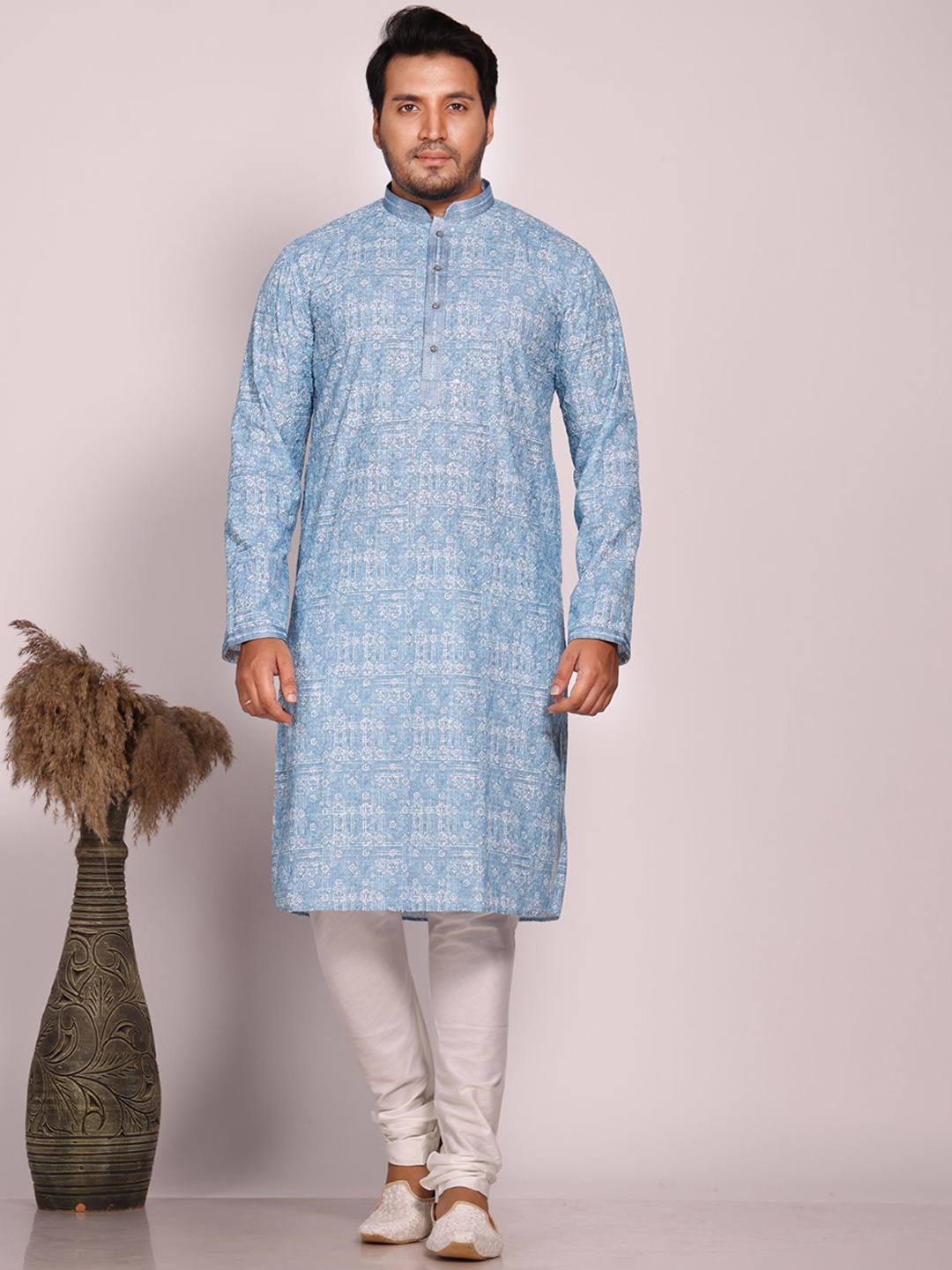 

KHAAS Ethnic Motifs Printed Mandarin Collar Pure Cotton Straight Kurta, Blue