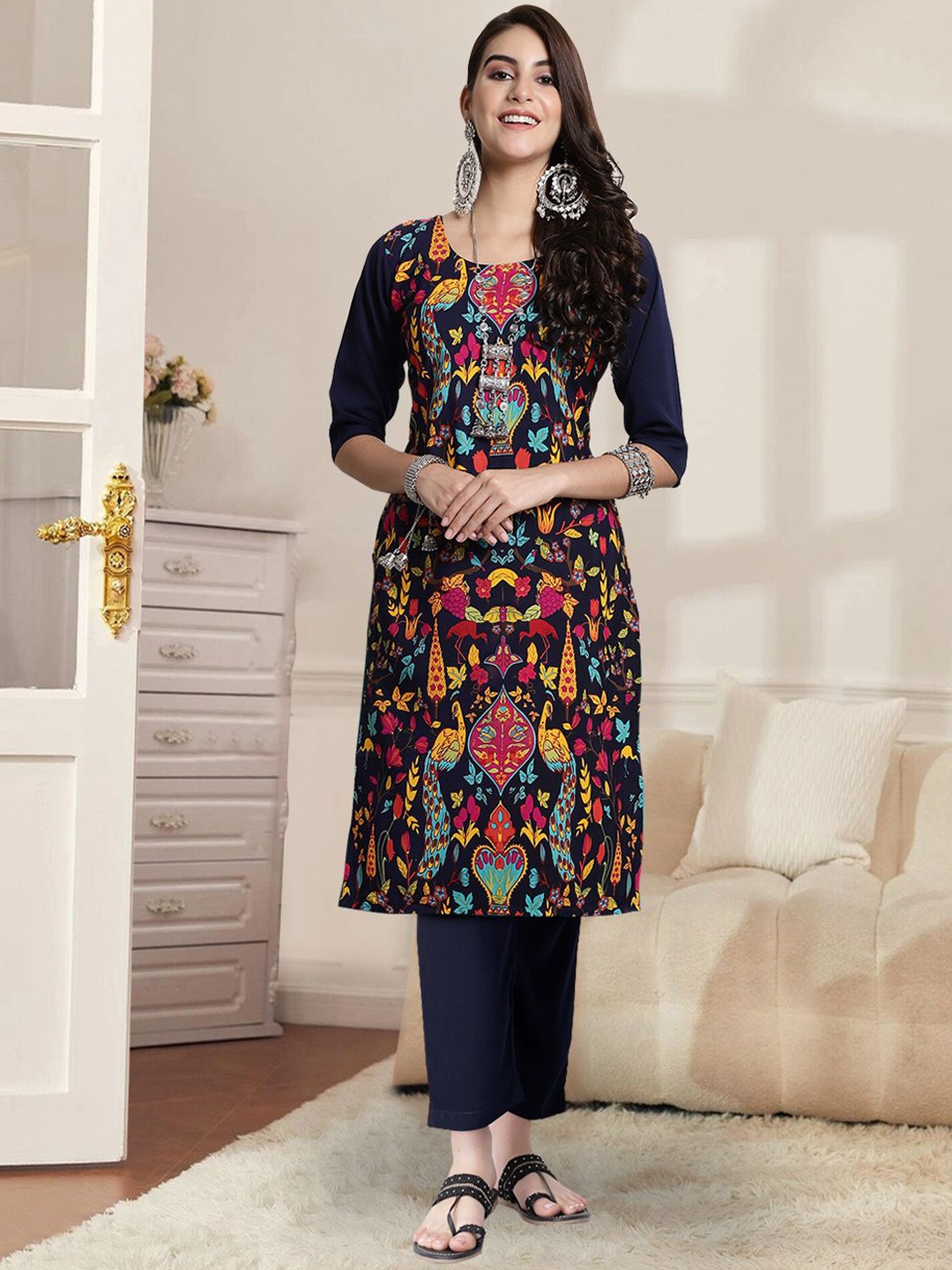 

7Threads Ethnic Motifs Printed Round Neck Straight Kurta With Trouser, Black