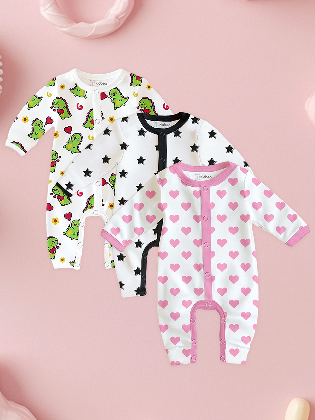 

Kidbea Infants Kids Pack Of 3 Printed Rompers, Black