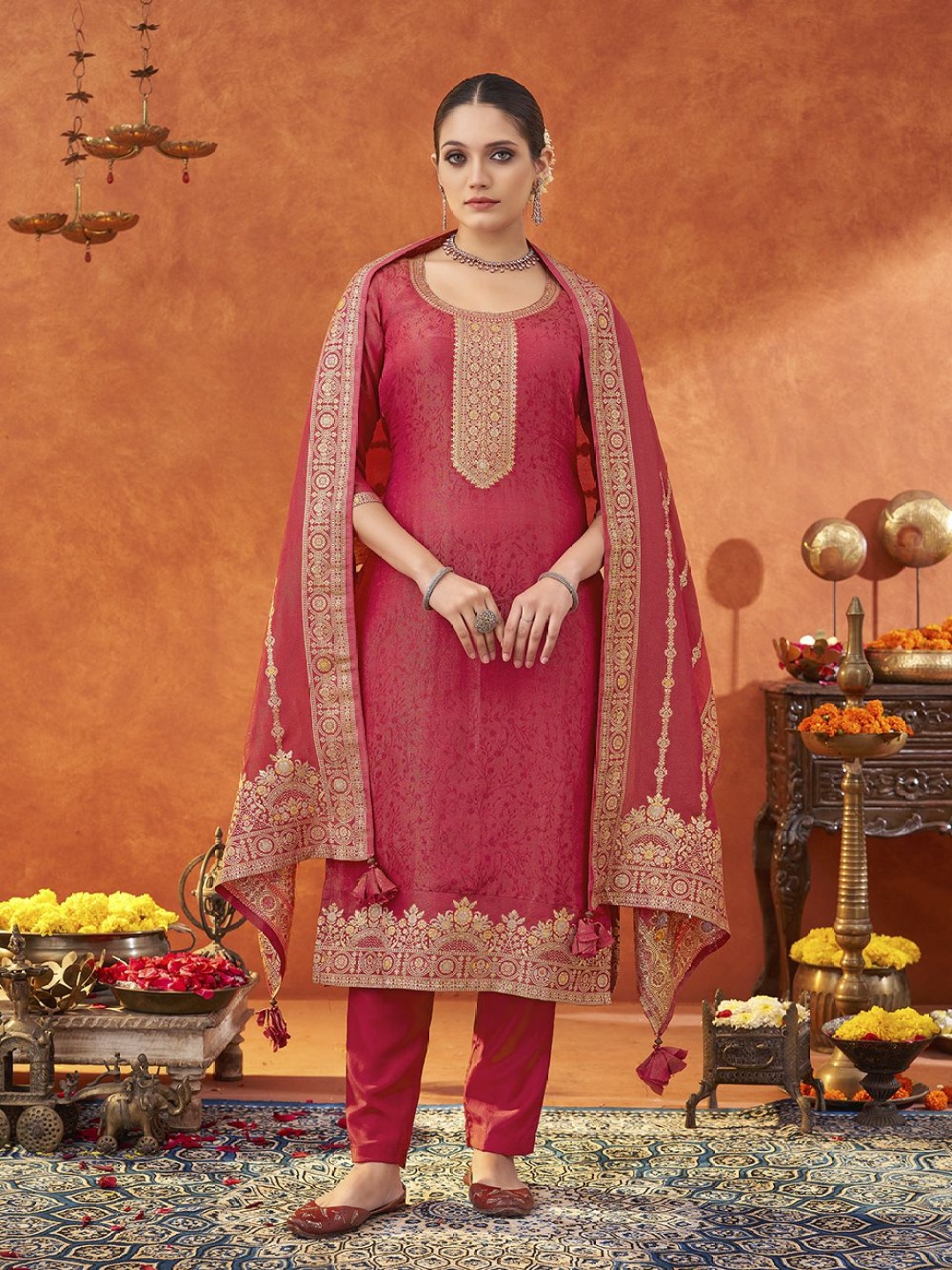 

Shaily Woven Design Jacquard Straight Kurta with Trouser & Dupatta, Pink