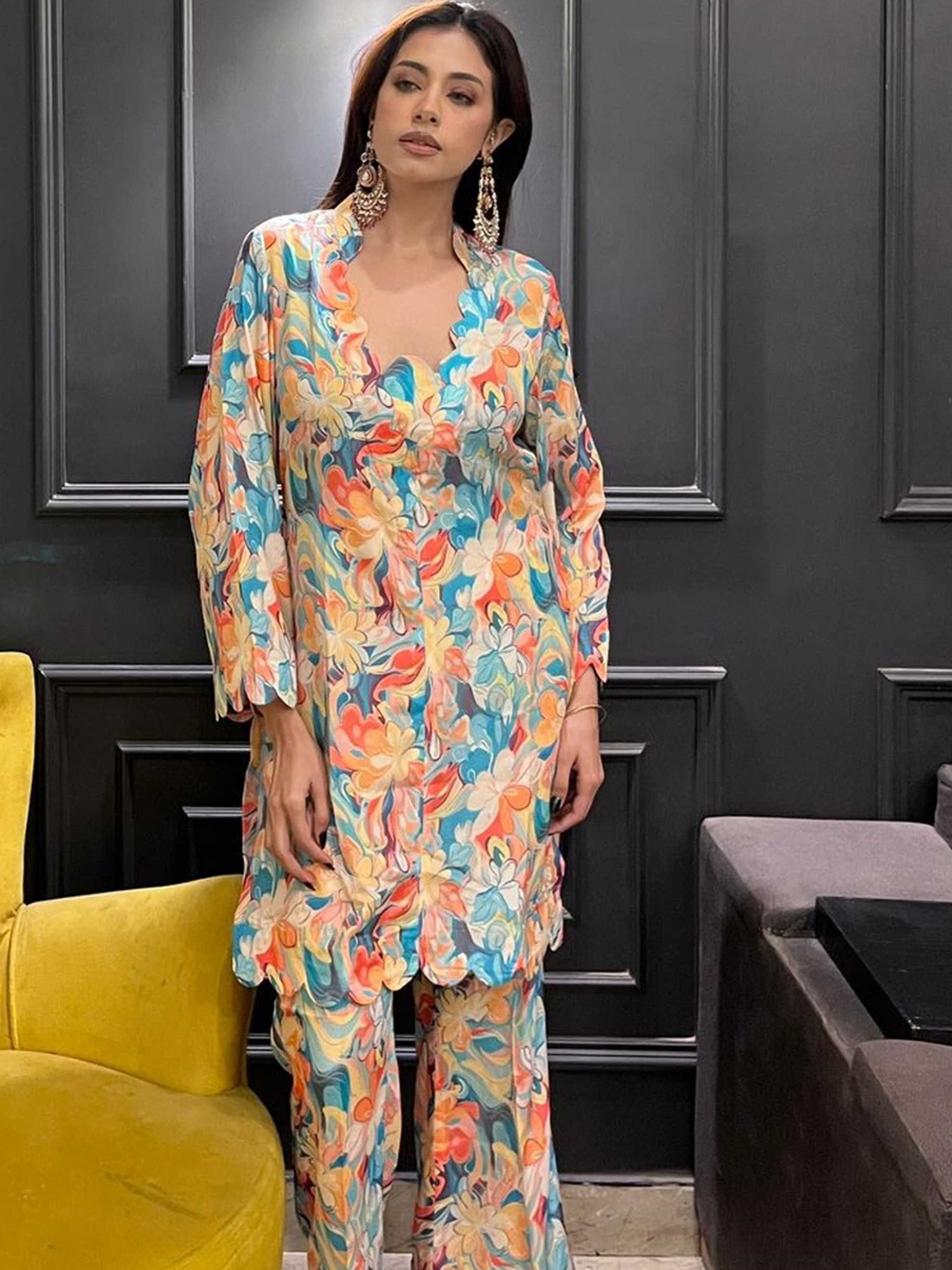 

ALLUREARMOIRE Women Floral Printed Tunic with Trousers, Blue