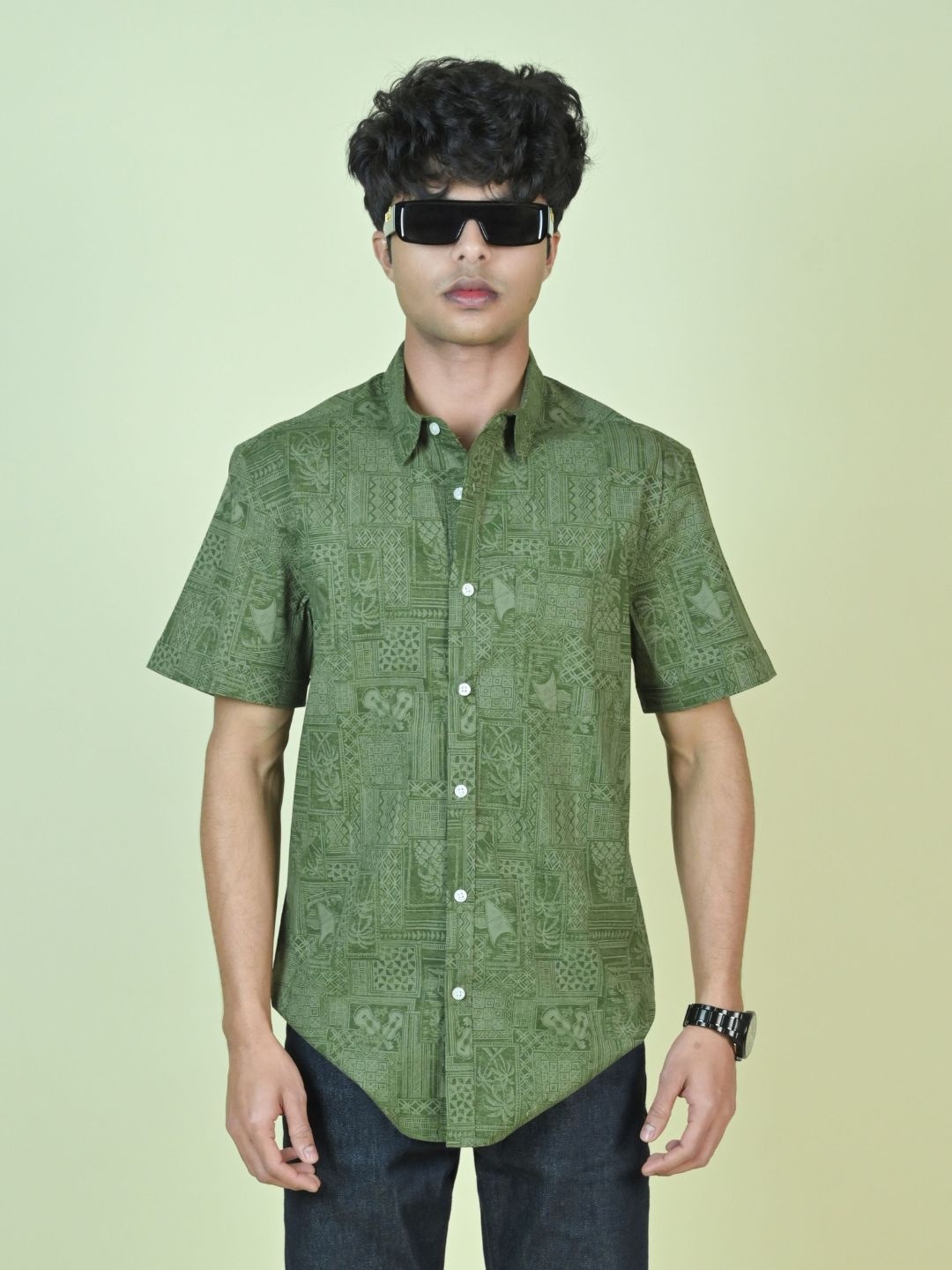 

MARC JOBBS Men Comfort Fit Printed Spread Collar Cotton Shirt, Lime green