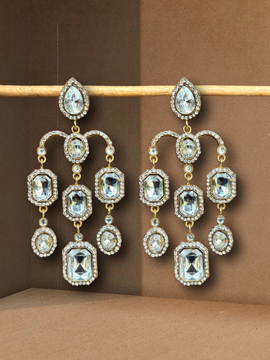 

UnfoldSelf Gold-Plated Gemstone & Zirconia Studded Contemporary Chandbalis