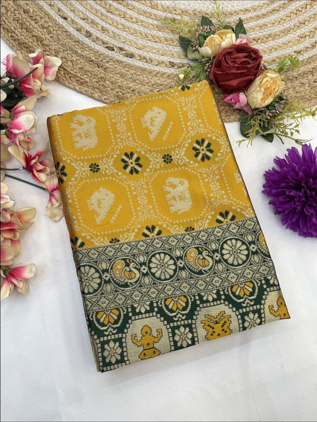 

S.K.C Woven Design Ethnic Motifs Saree With unstitched Blouse Piece, Yellow