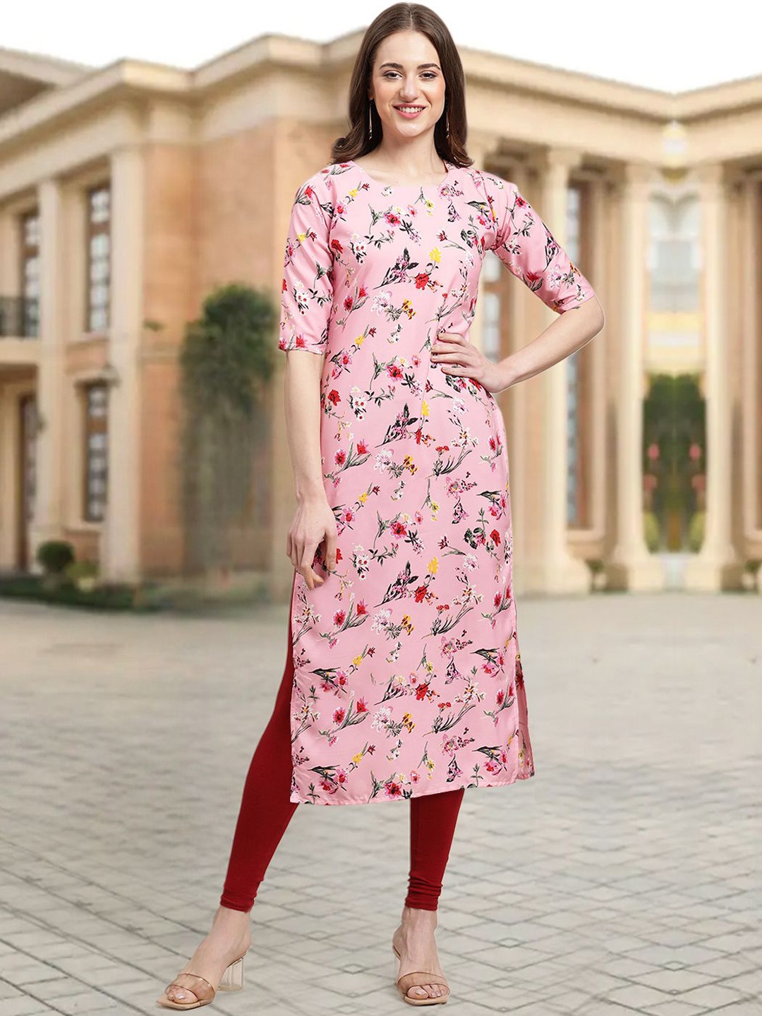 

7Threads Floral Printed Round Neck Straight Kurta, Pink