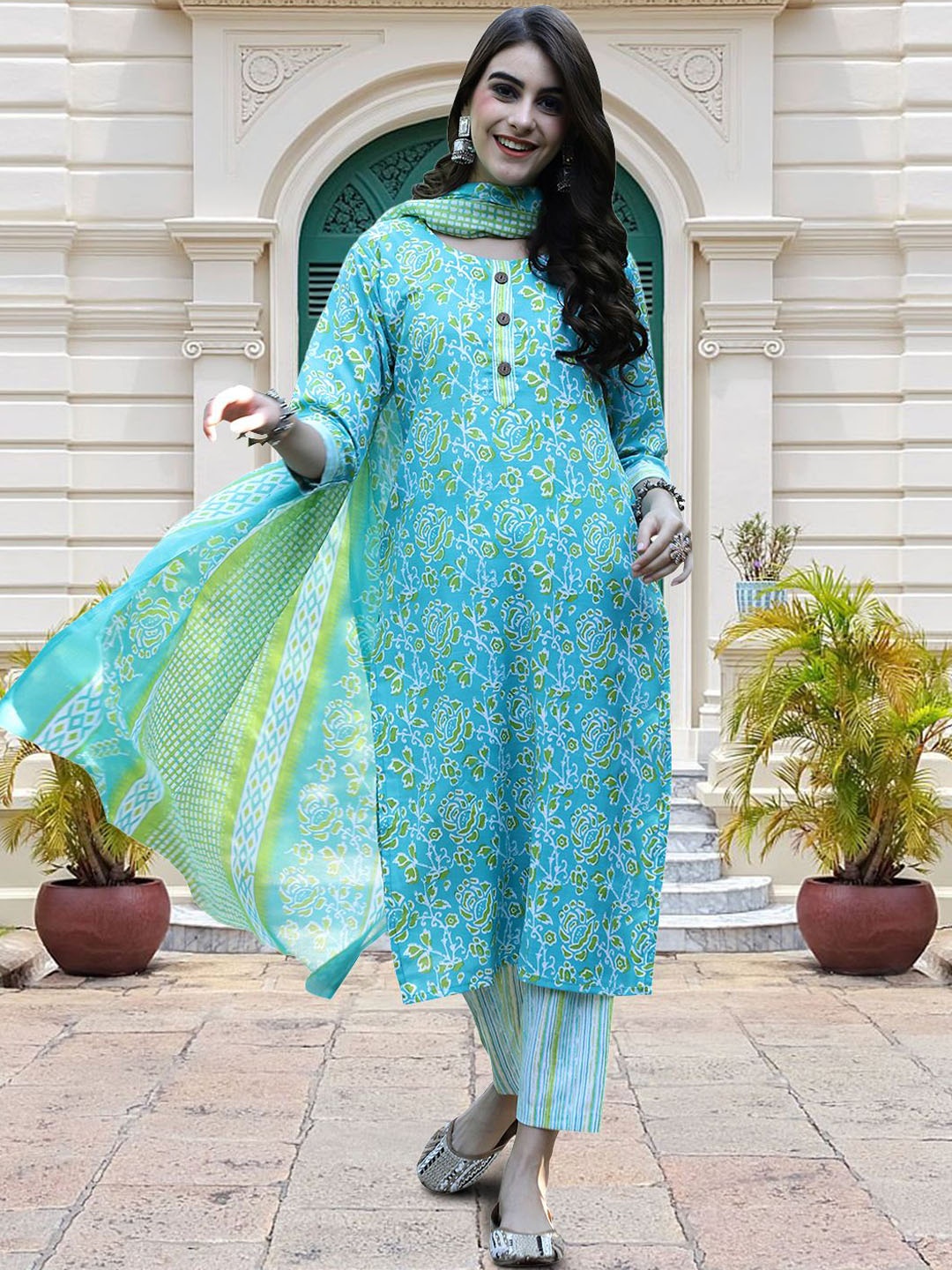 

Moda Rapido Floral Printed Round Neck Straight Kurta With Trouser And Dupatta, Teal