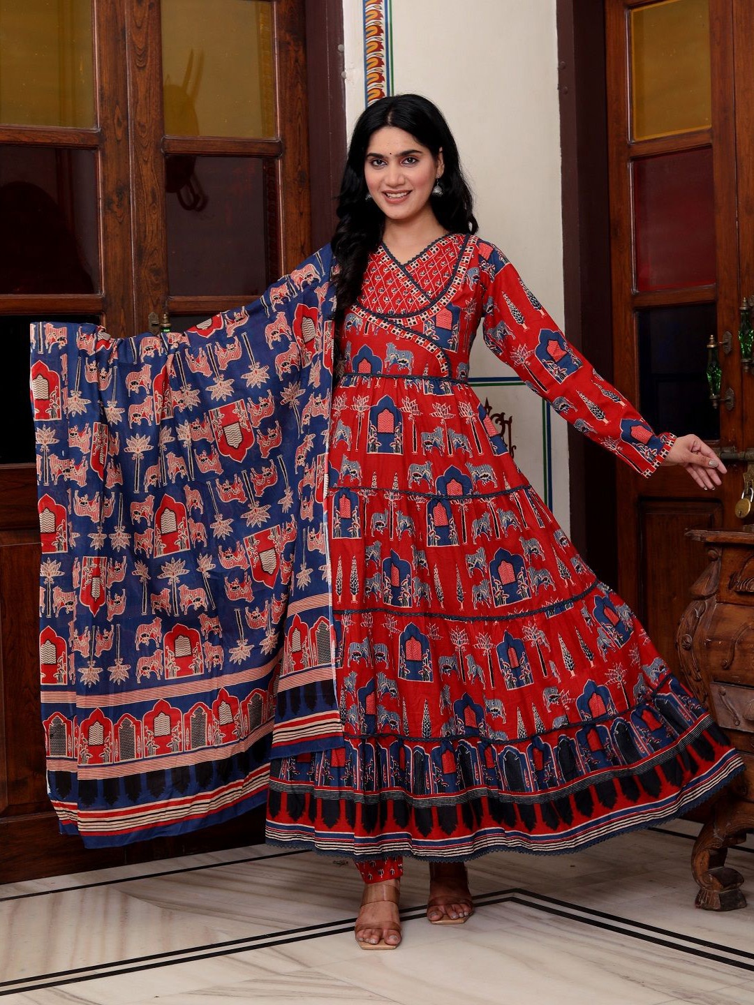 

Moda Rapido Ethnic Motifs Printed V-Neck Pure Cotton Anarkali Kurta With Trouser & Dupatta, Maroon