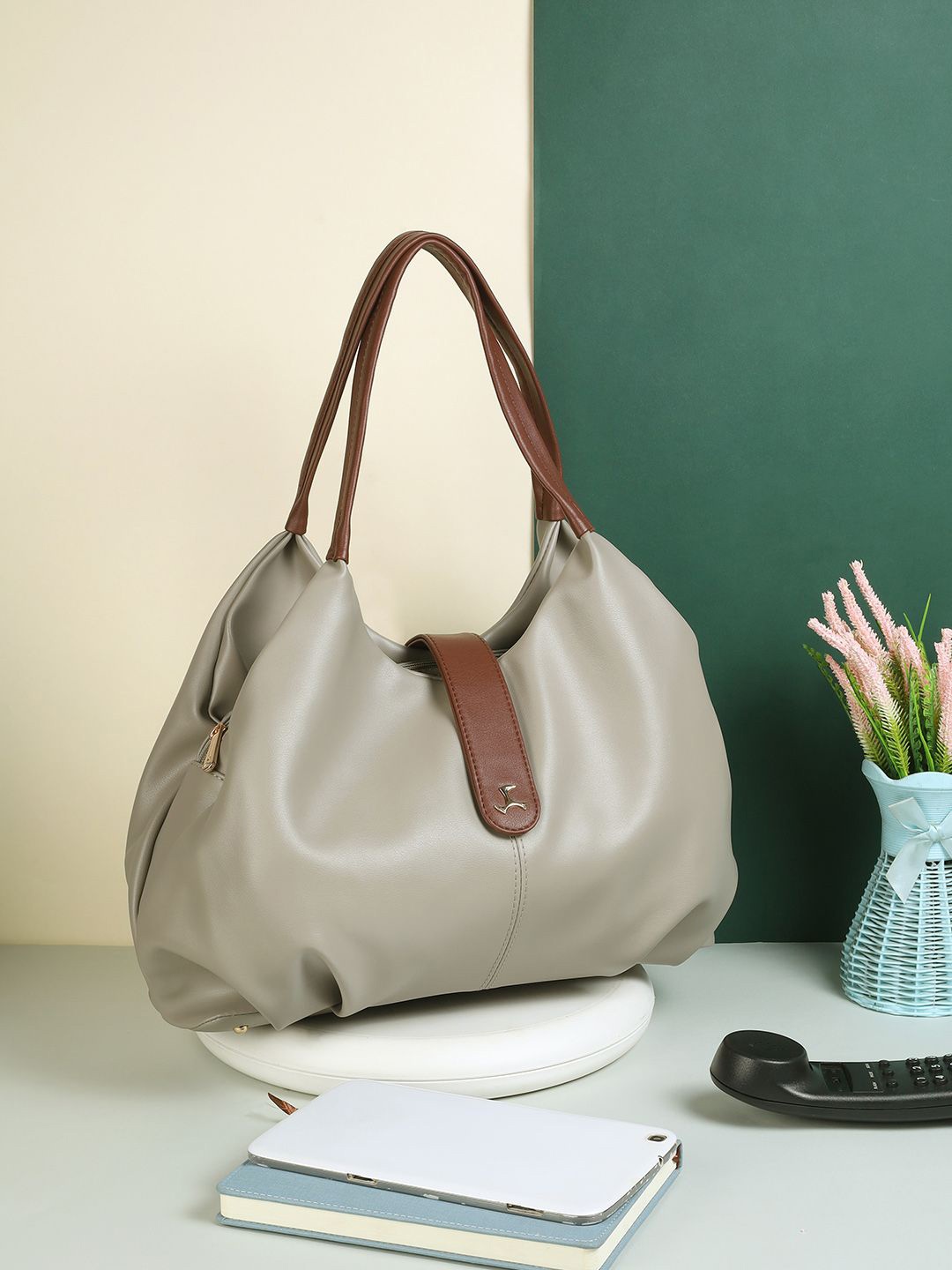 

Mochi Women Solid Structured Handheld Bag, Beige