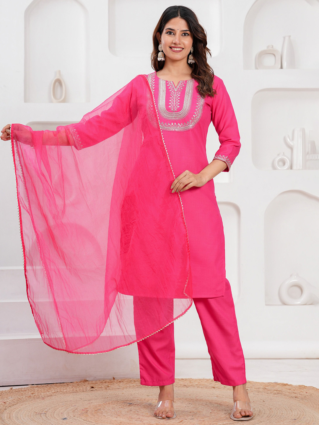 

CELEBRAVO Embroidered Sequinned Notch Neck Straight Kurta With Trouser And Dupatta, Pink