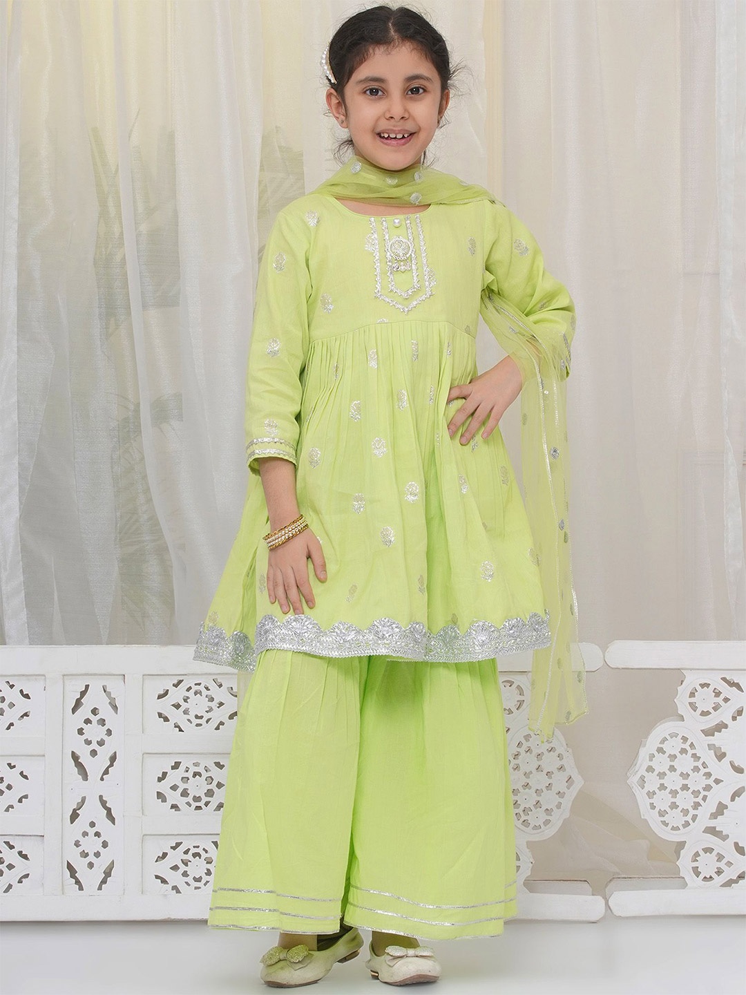 

Little Bansi Girls Floral Woven Design Pleated Pure Cotton Kurta With Sharara & Dupatta, Green