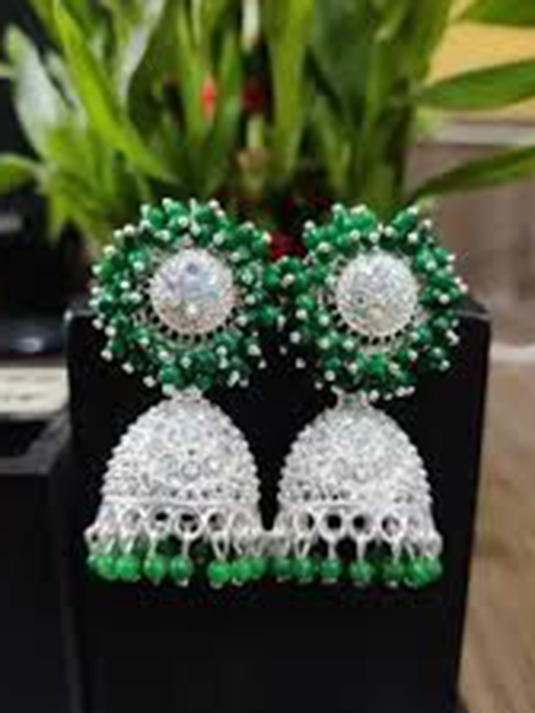 

JMBW INTERNATIONAL Sterling Silver Artificial Stones Studded And Beaded Dome Shape Jhumkas
