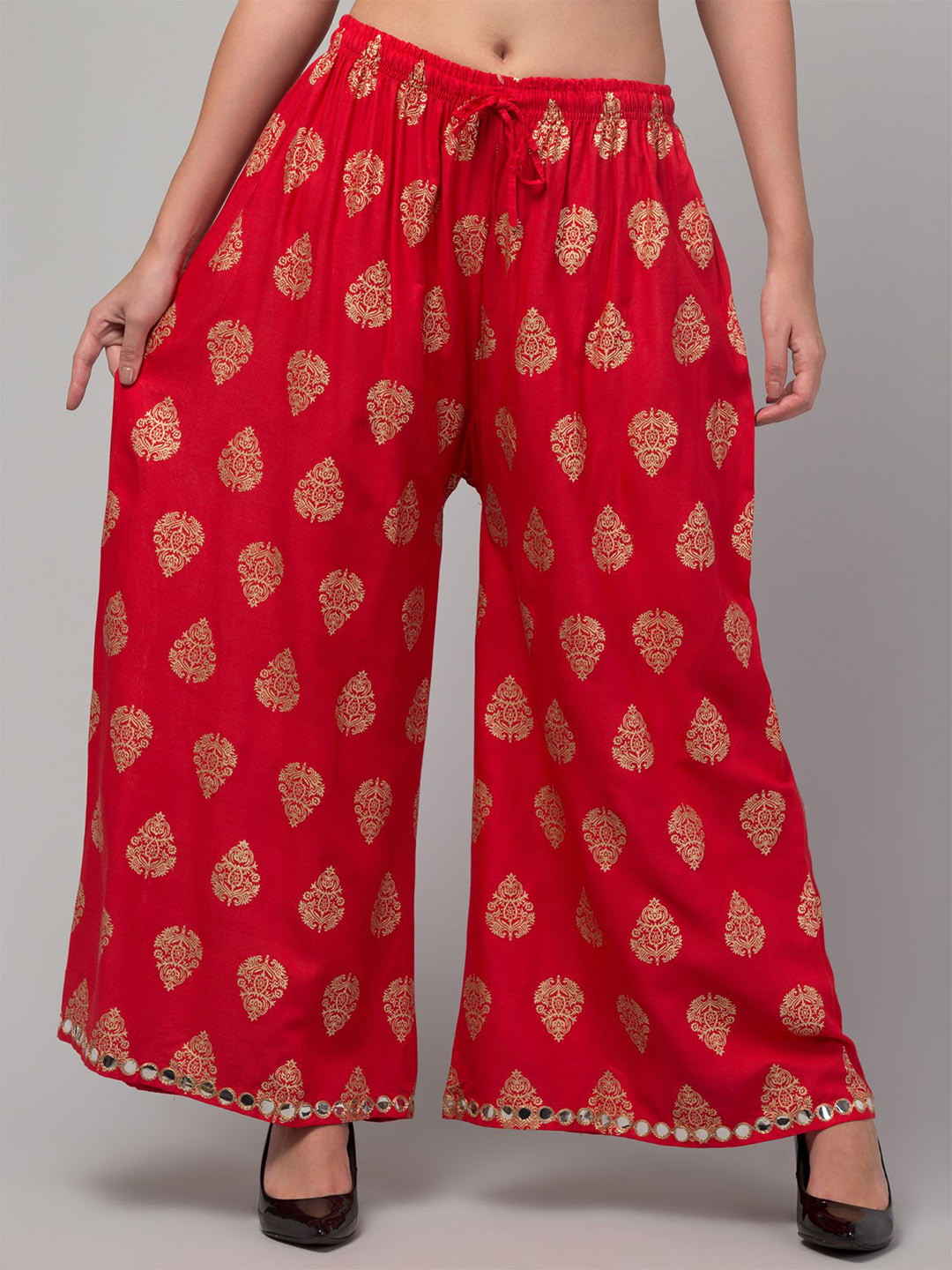 

FAMBEE Women Floral Printed Flared Knitted Palazzos, Red