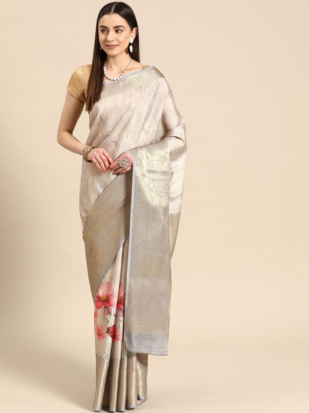 

DIVASTRI Tissue Soft Silk Zari Woven Digital Printed Banarasi Saree, Grey