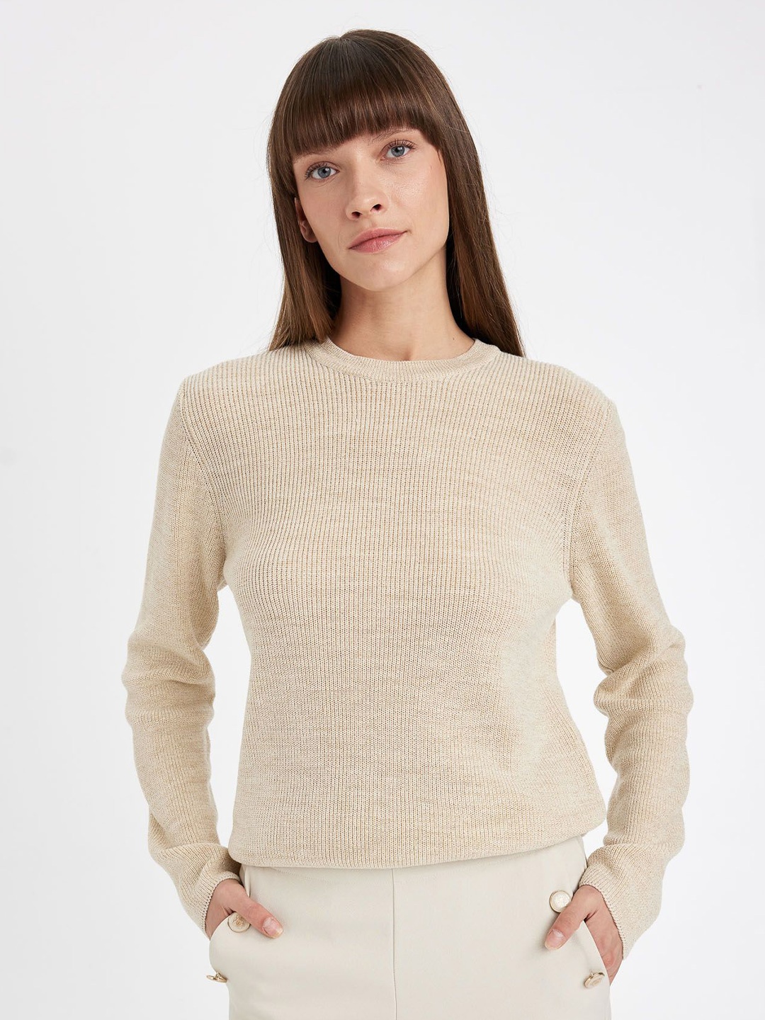 

DeFacto Women Round Neck Pullover Sweater, Beige