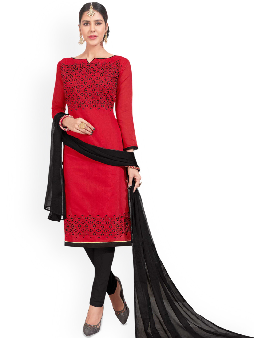 

HERE&NOW Geometric Embroidered Chanderi Cotton Unstitched Dress Material, Red
