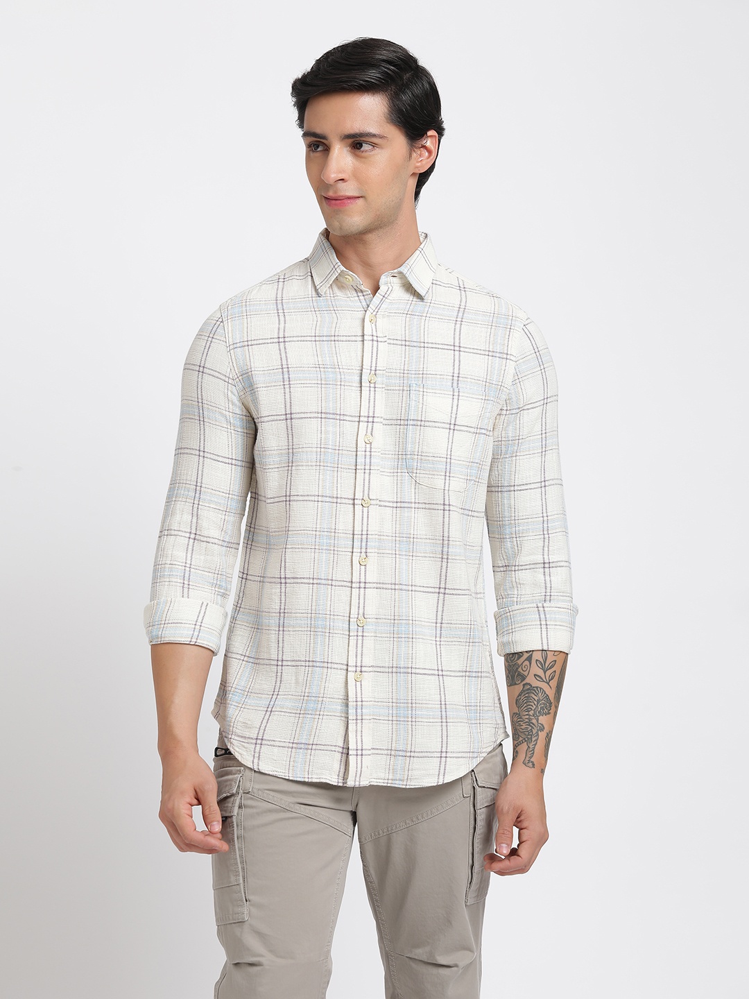 

Blue Buddha Men Comfort Slim Fit Checked Cotton Casual Shirt, White