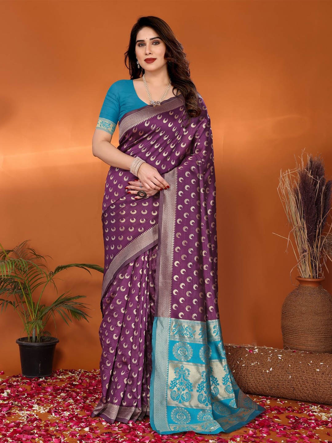 

vj fashion Woven Design Zari Satin Half and Half Saree, Magenta
