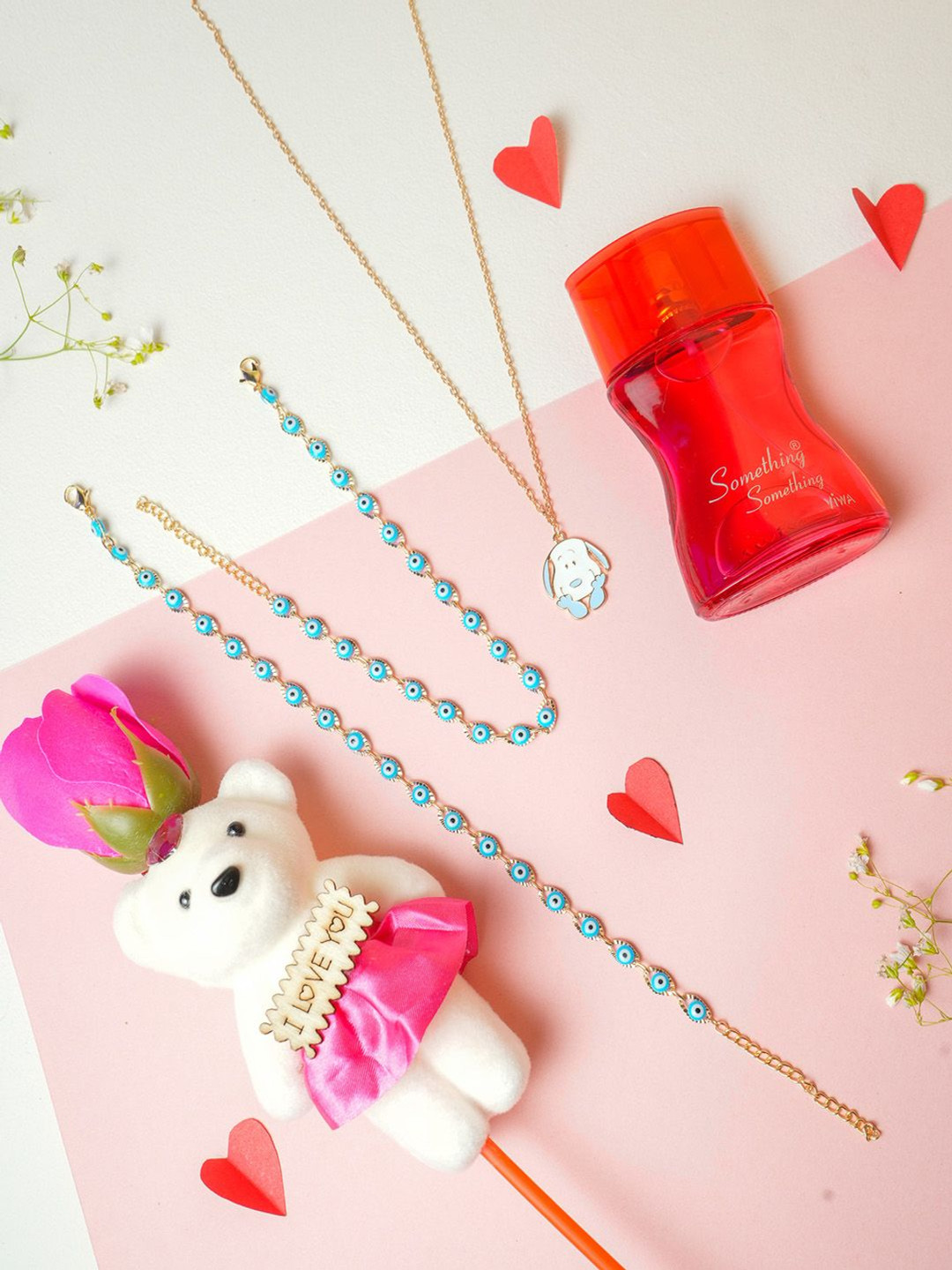 

VIRAASI Set Of 4 Valentine Teddy With Chain Anklet And Perfume Gift Set, Blue