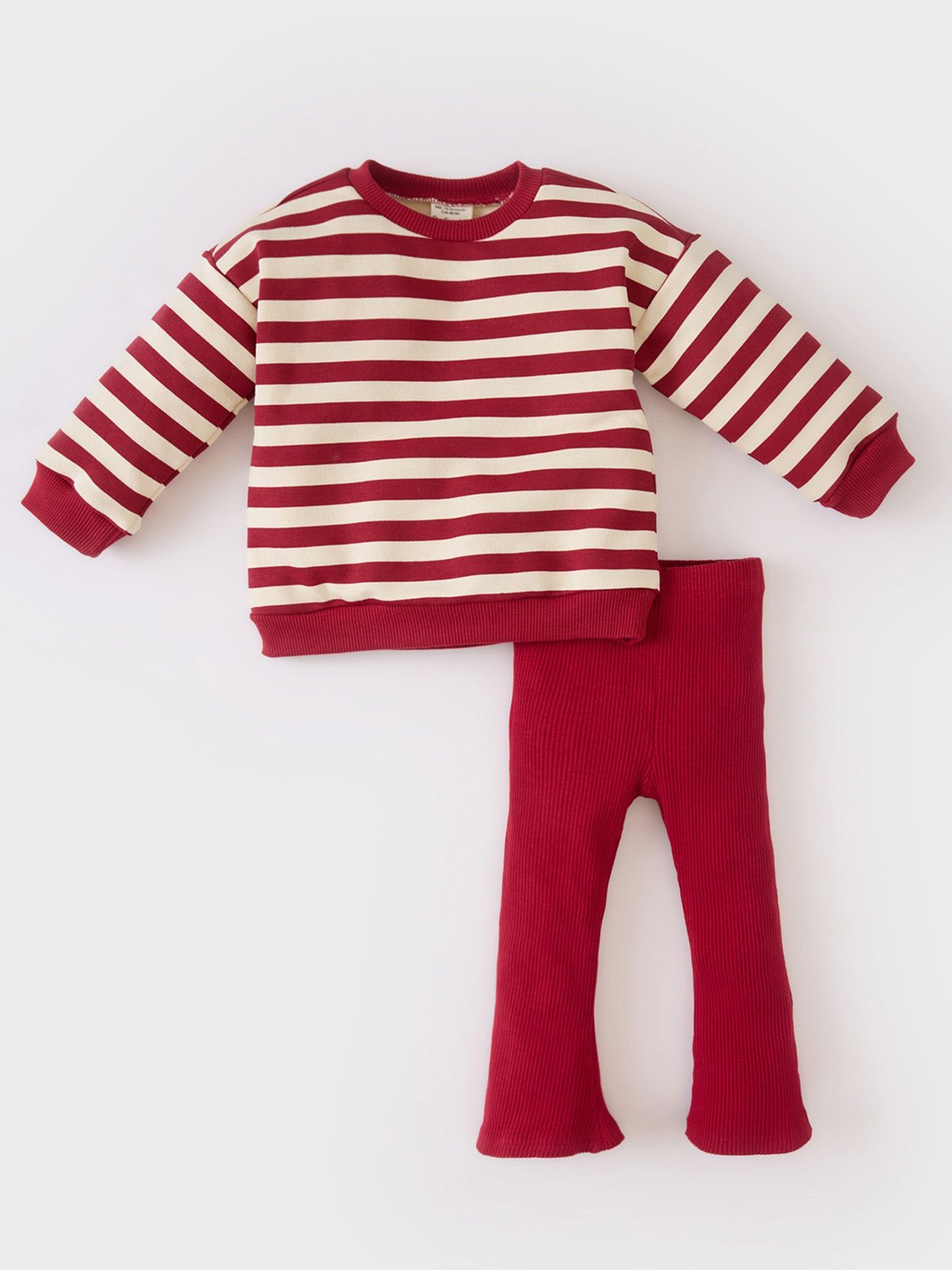 

DeFacto Girls Striped Pure Cotton Sweatshirt With Leggings, Red