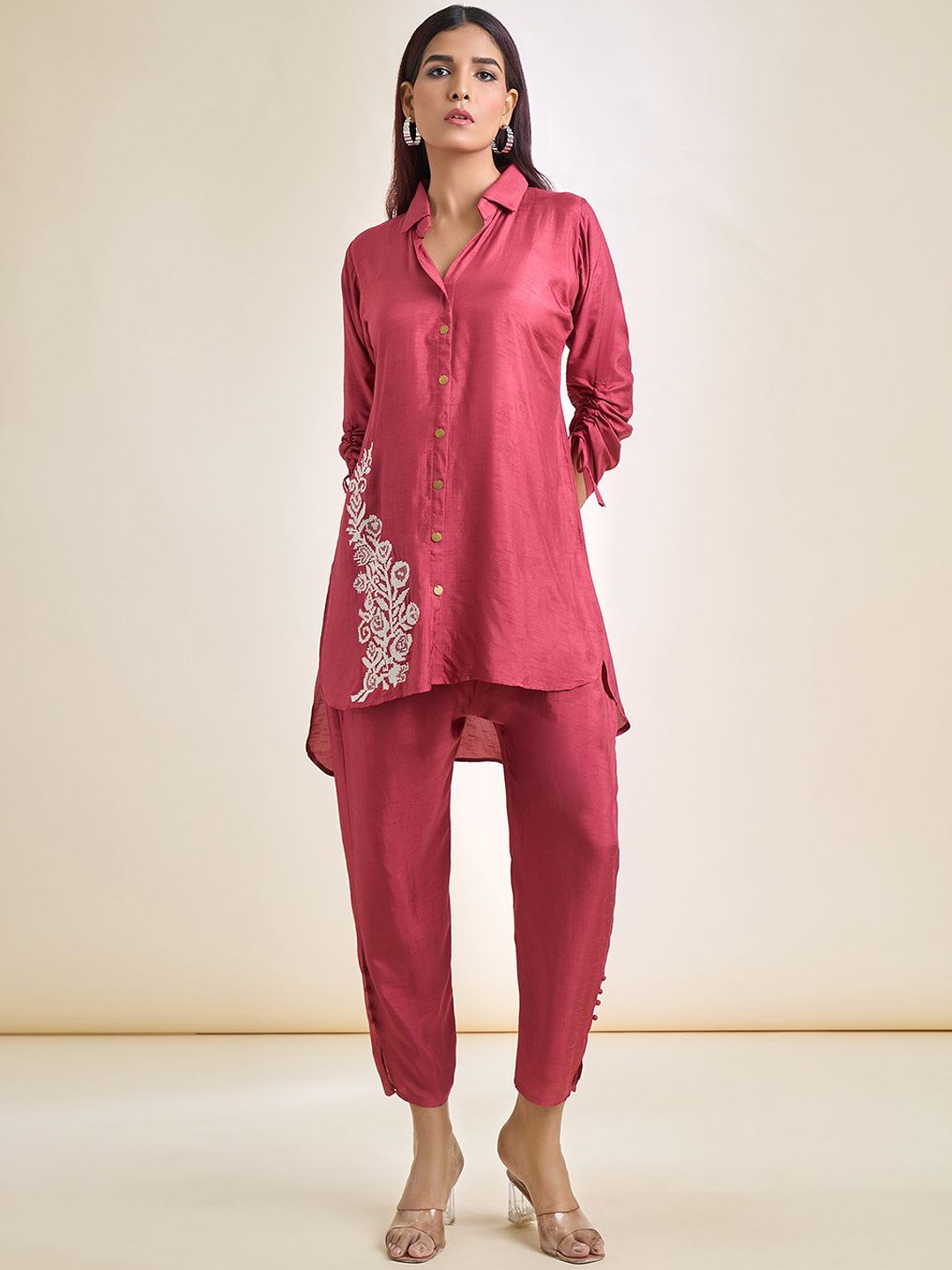 

Samyukta Singhania Floral Embroidered Shirt Collar Pure Silk Tunic With Trouser, Red