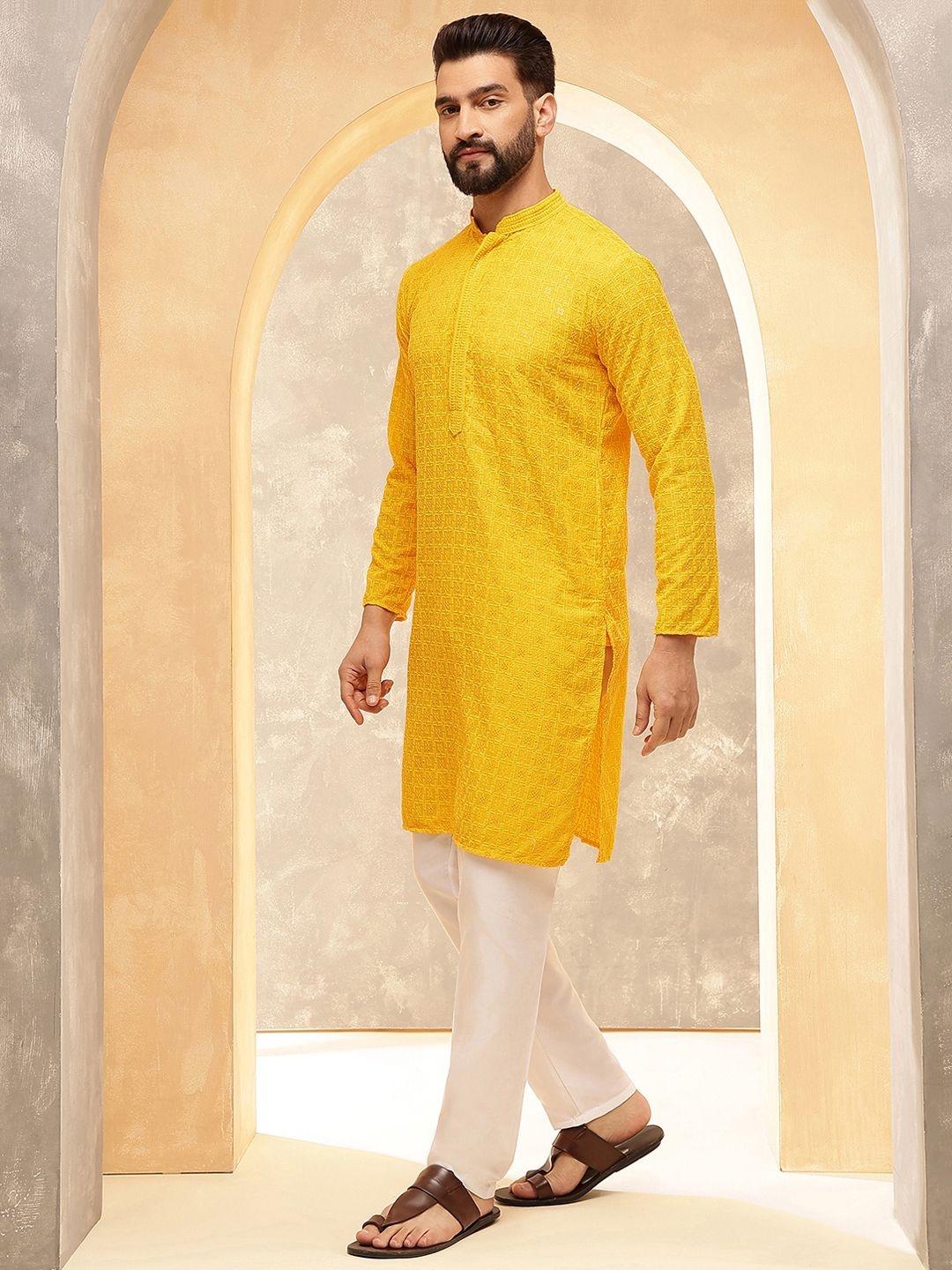 

Anouk Yellow Geometric Embroidered Mandarin Collar Straight Pure Cotton Kurta With Pyjamas