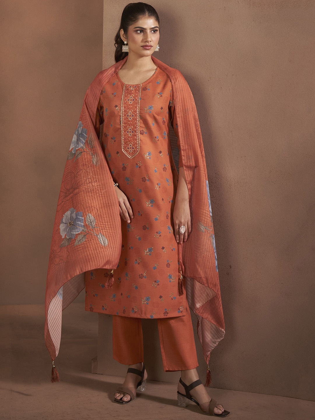 

Anouk Orange Ethnic Motifs Printed Round Neck Straight Kurta With Trousers And Dupatta