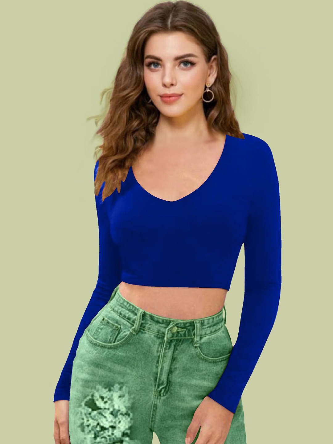 

Dream Beauty Fashion Women V-Neck Long Sleeves Fitted Crop Top, Blue