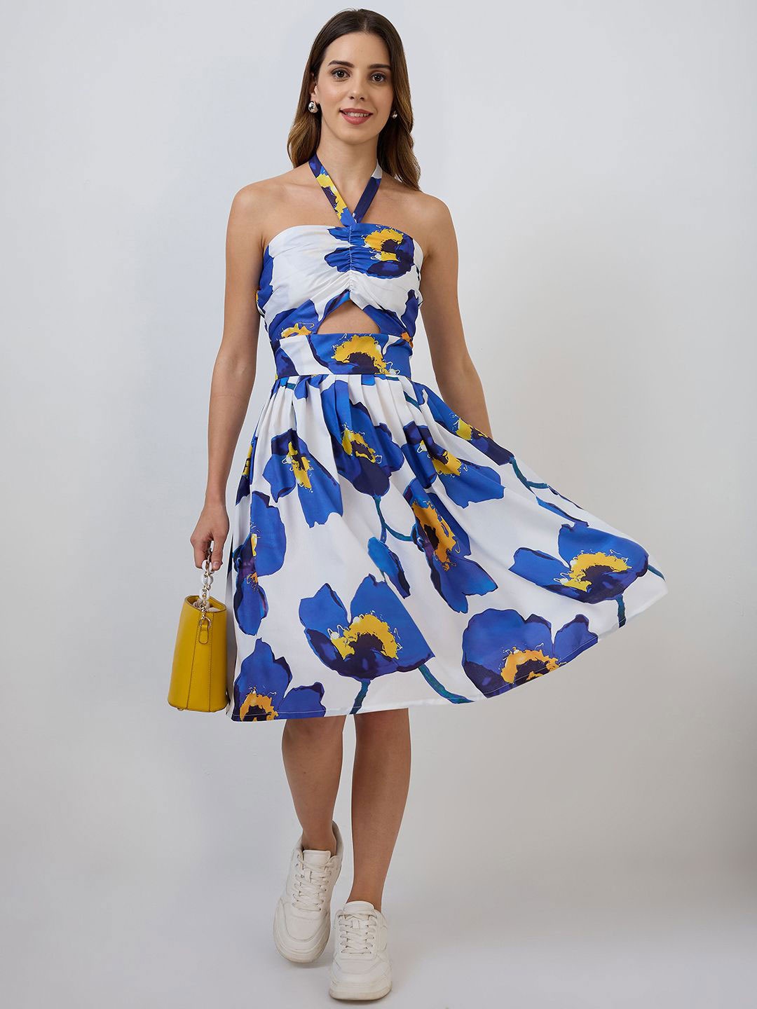

DressBerry Floral Printed Halter Neck Sleeveless Crepe Fit & Flare Dress, White