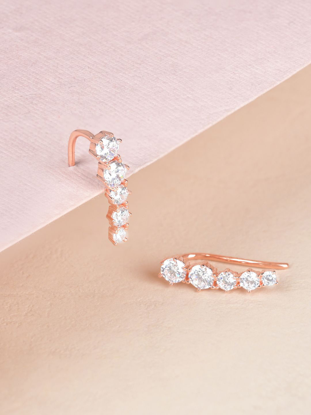 

TOUCH925 925 Silver Rose Gold-Plated Cubic Zirconia Studded Contemporary Shaped Studs