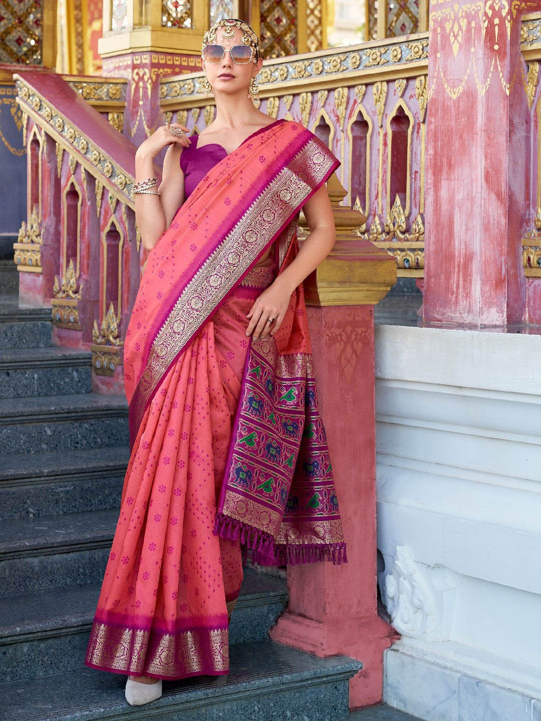 

Mitera Woven Design Zari Silk Blend Tussar Saree, Pink