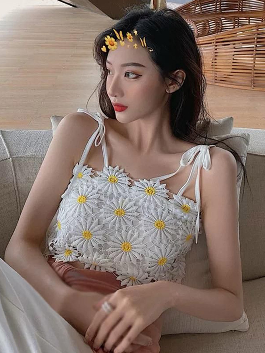 

MADE FOR HER LABEL Self Design Shoulder Straps Top, White