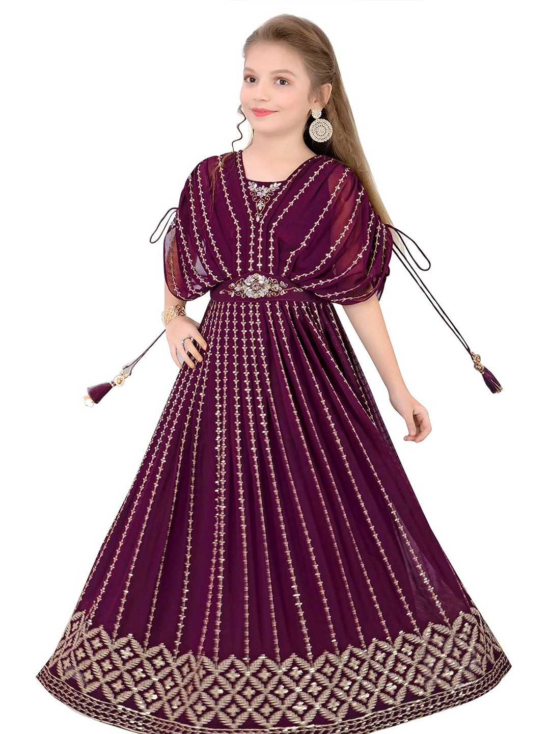 

Wommaniya Impex Girls Floral Embroidered Kimono Sleeves Maxi Dress, Maroon