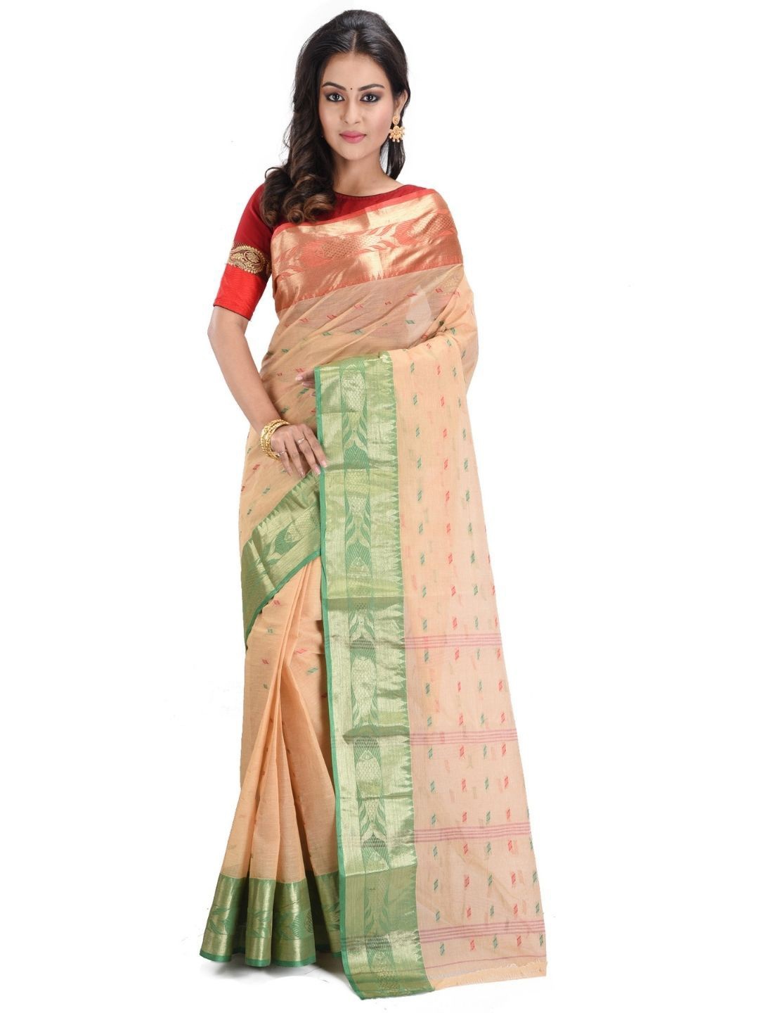 

RAJ SAREE HOUSE Pure Cotton Zari Jamdani Saree, Peach