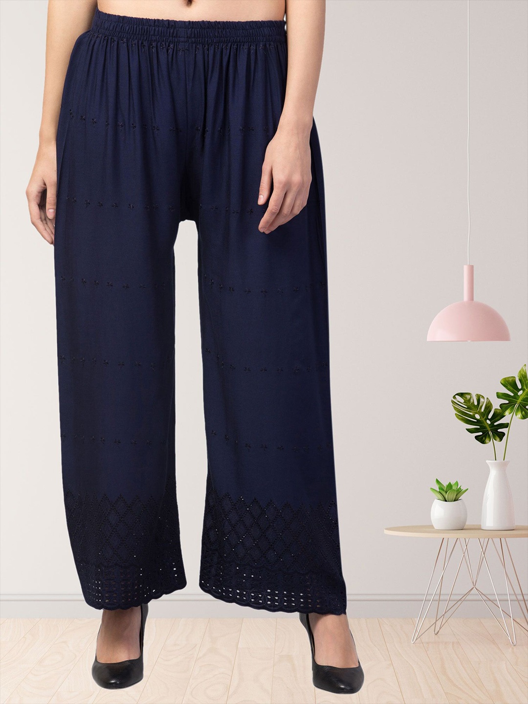 

FAMBEE Women Flared Knitted Palazzos, Blue